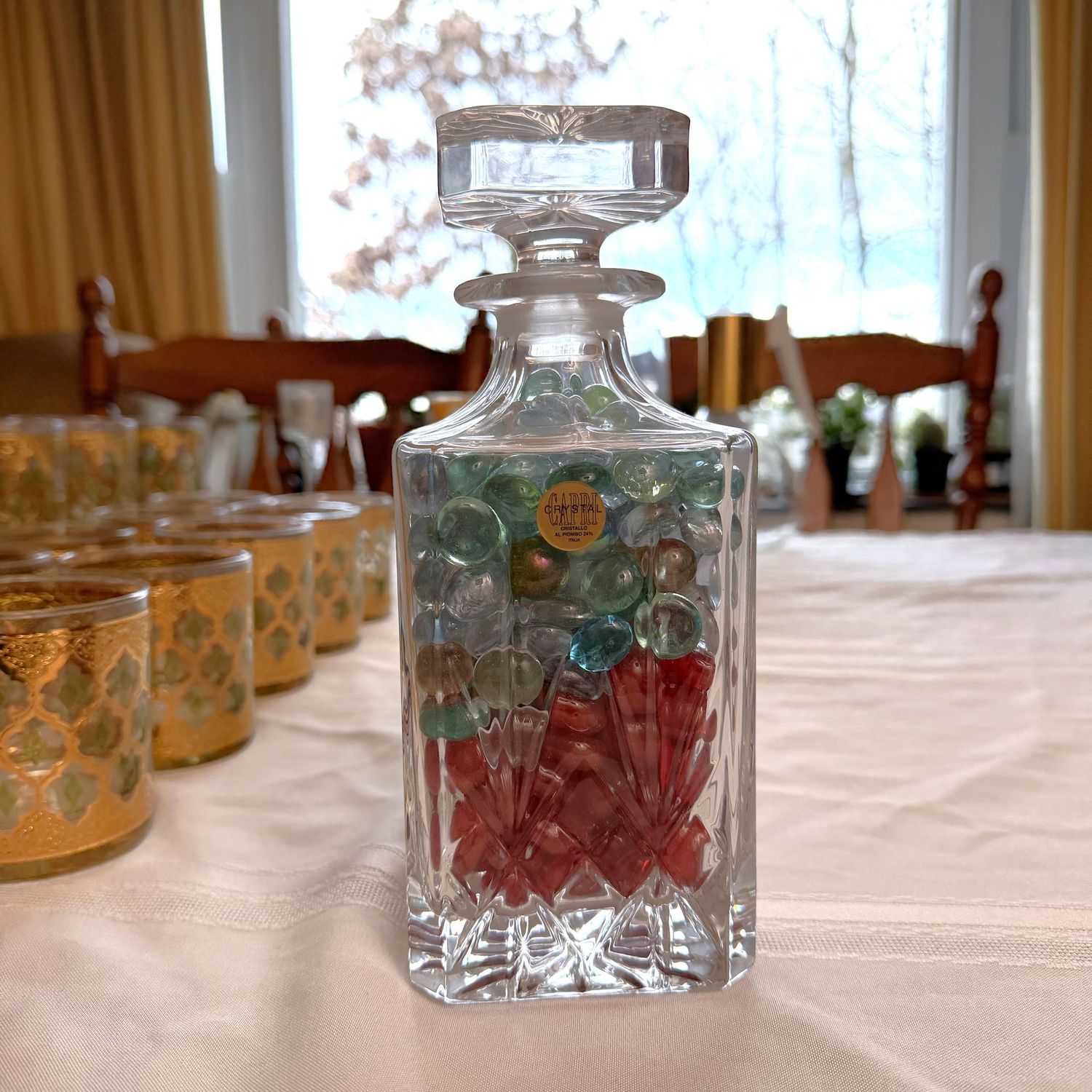 Capri Italian Crystal decanter with colored stones, 8"