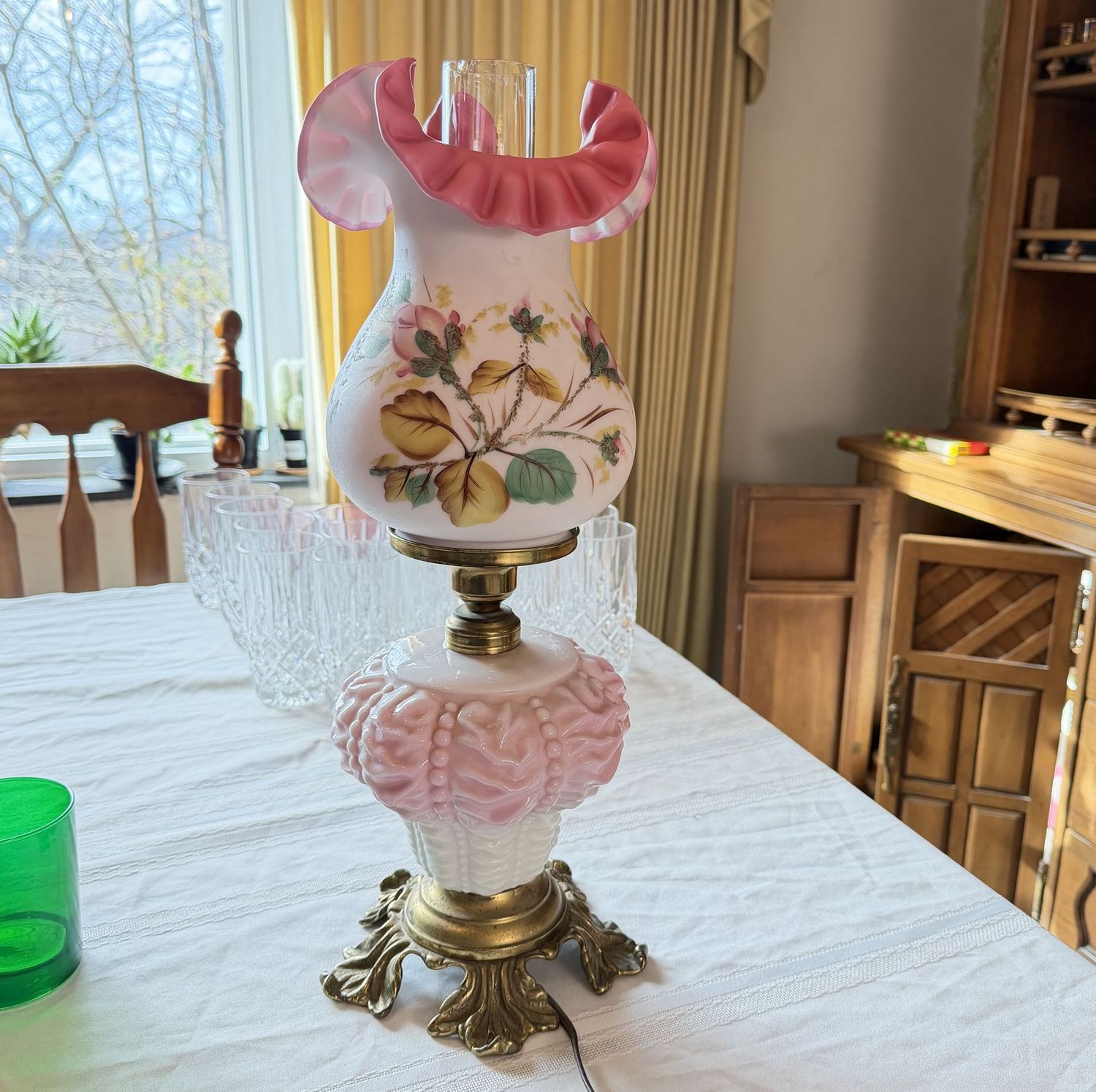 Tall Fenton Glass moss rose Peach Blow table lamp with draped body, minor chip on the lip of the clear chimney insert, very nice condition, 20"H