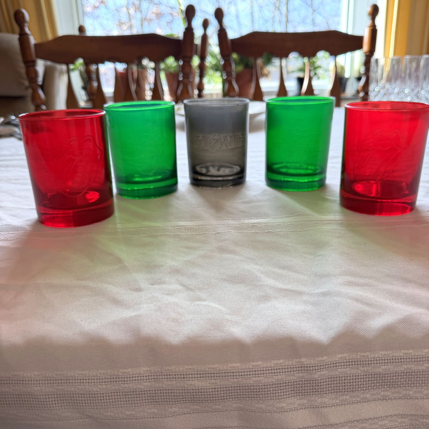 Set of 5 frosted red, green, and grey Rolling Stones highball glasses