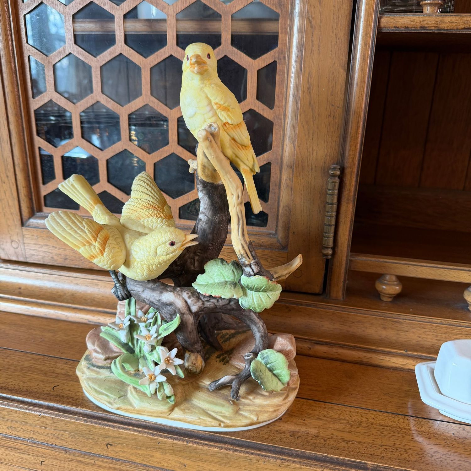 Large Royal Crown bisque porcelain canaries, 12" x 8"