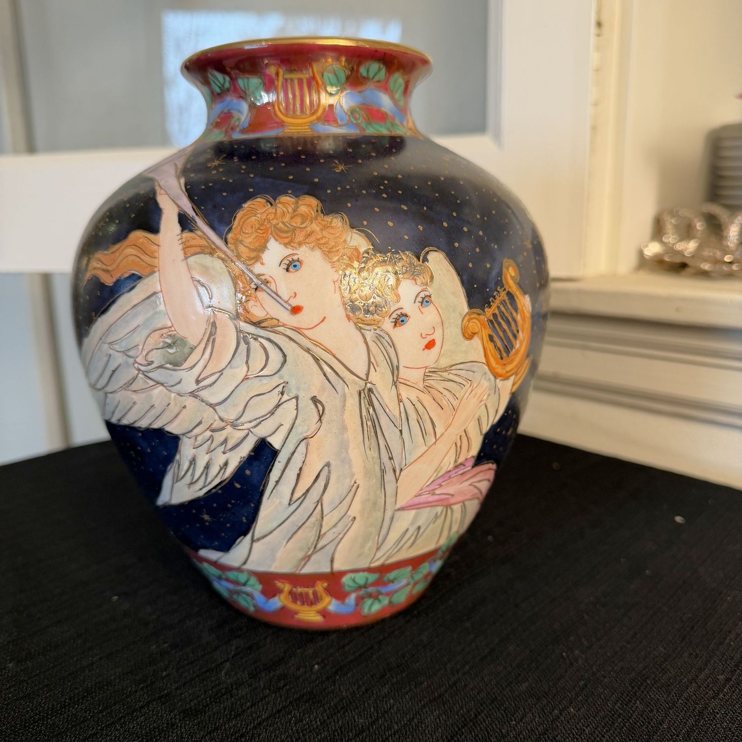 Hand-painted ceramic vase with angels on a starry night, 8.5"H