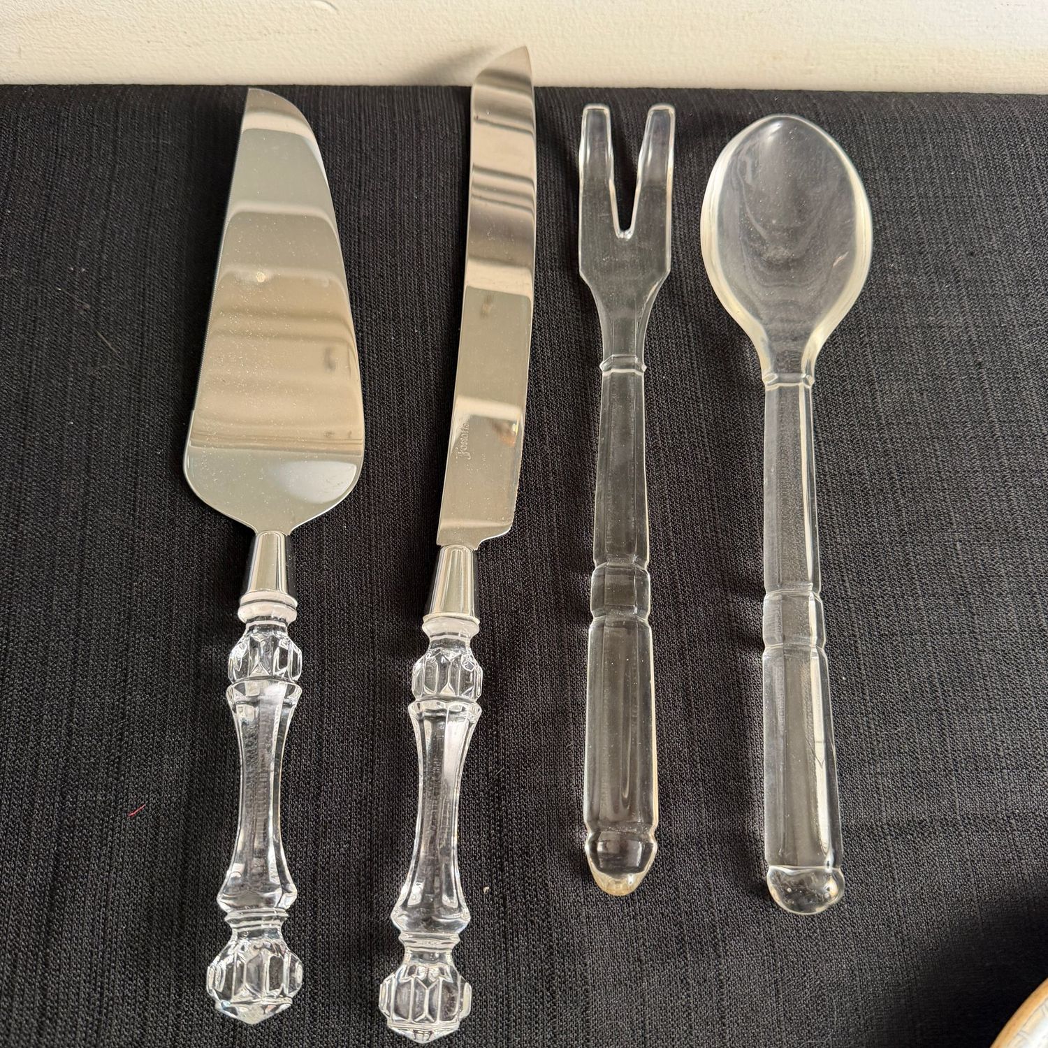 Set of Fostoria glass cake servers, and glass salad servers