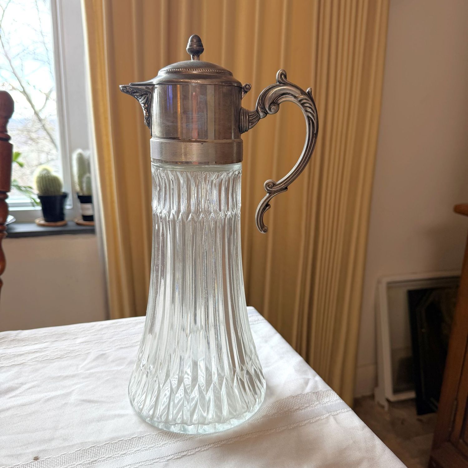 Tall Italian glass drink server pitcher, silver-plated with fluted glass body, 14"H