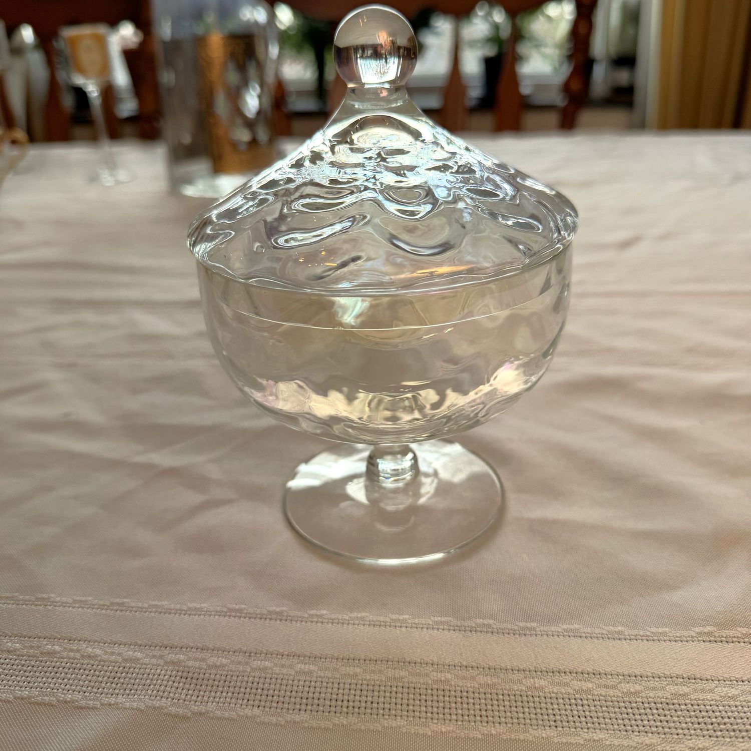 Iridescent draped/ripple candy dish, 7"H