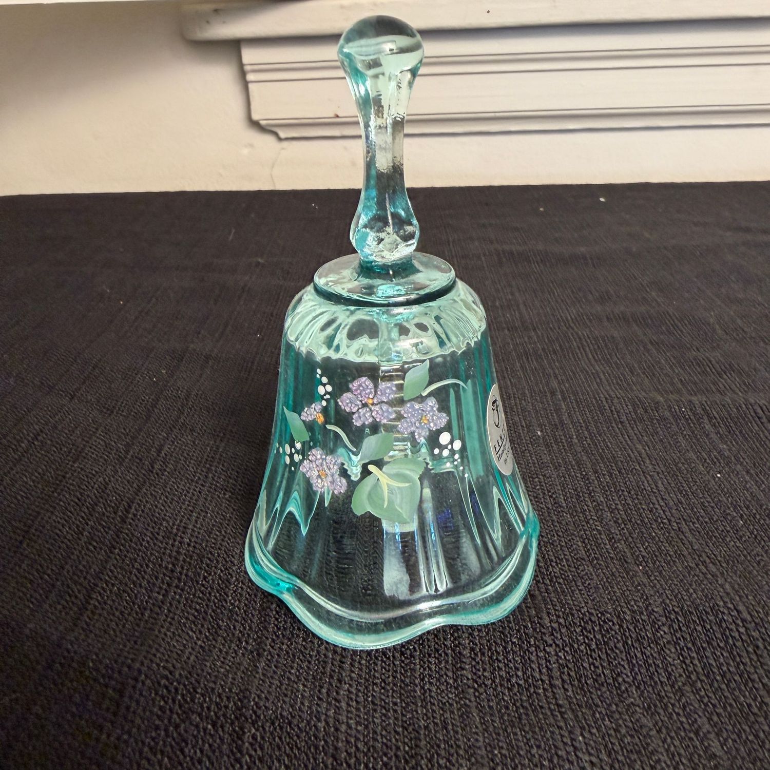 Aqua blue hand-painted Fenton glass bell, 4"