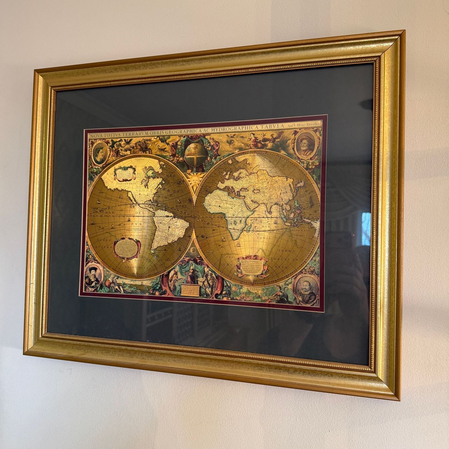 Gold foil world map, nicely framed, 18" x 22"