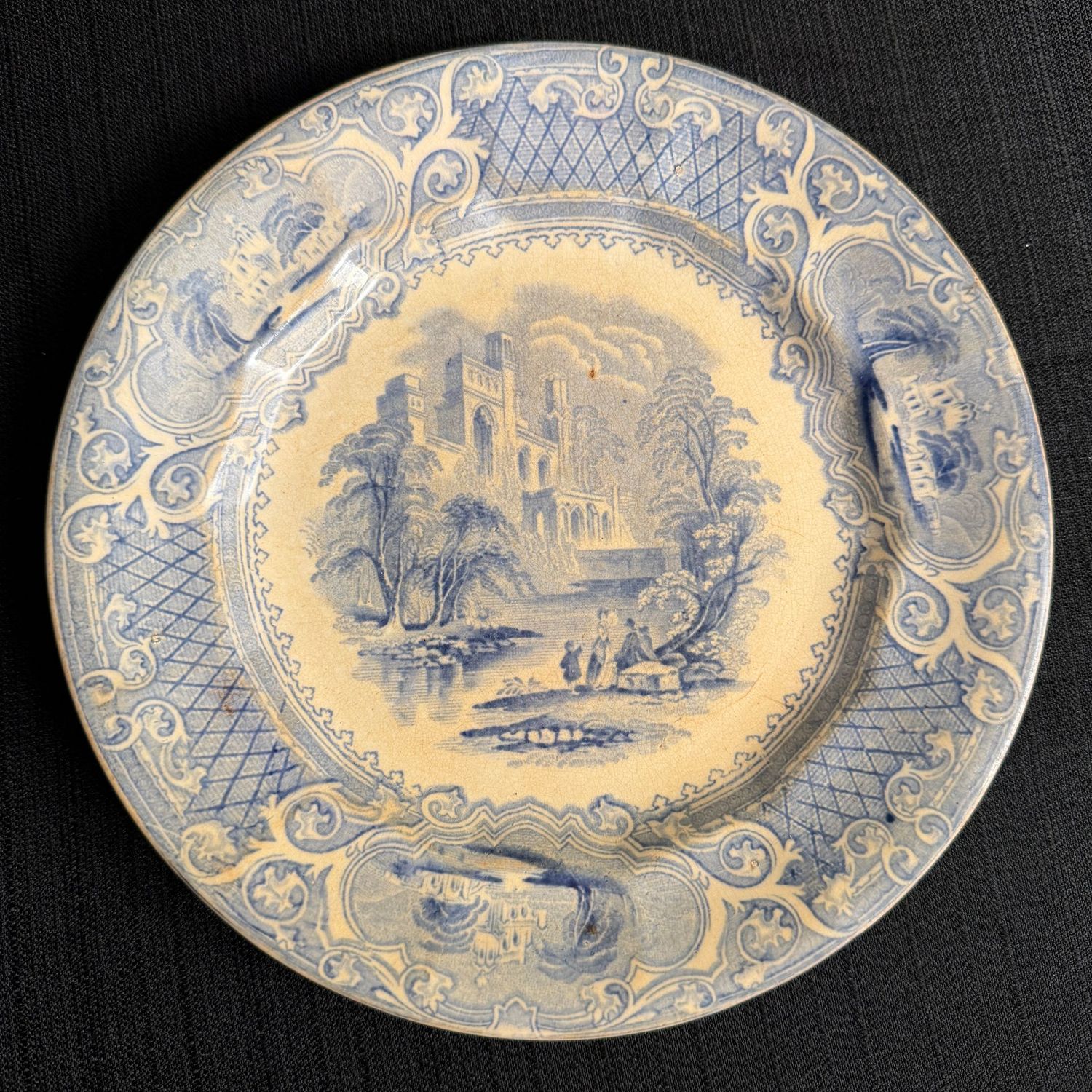 Antique Priory pattern blue and white transferware plate, 8.5"