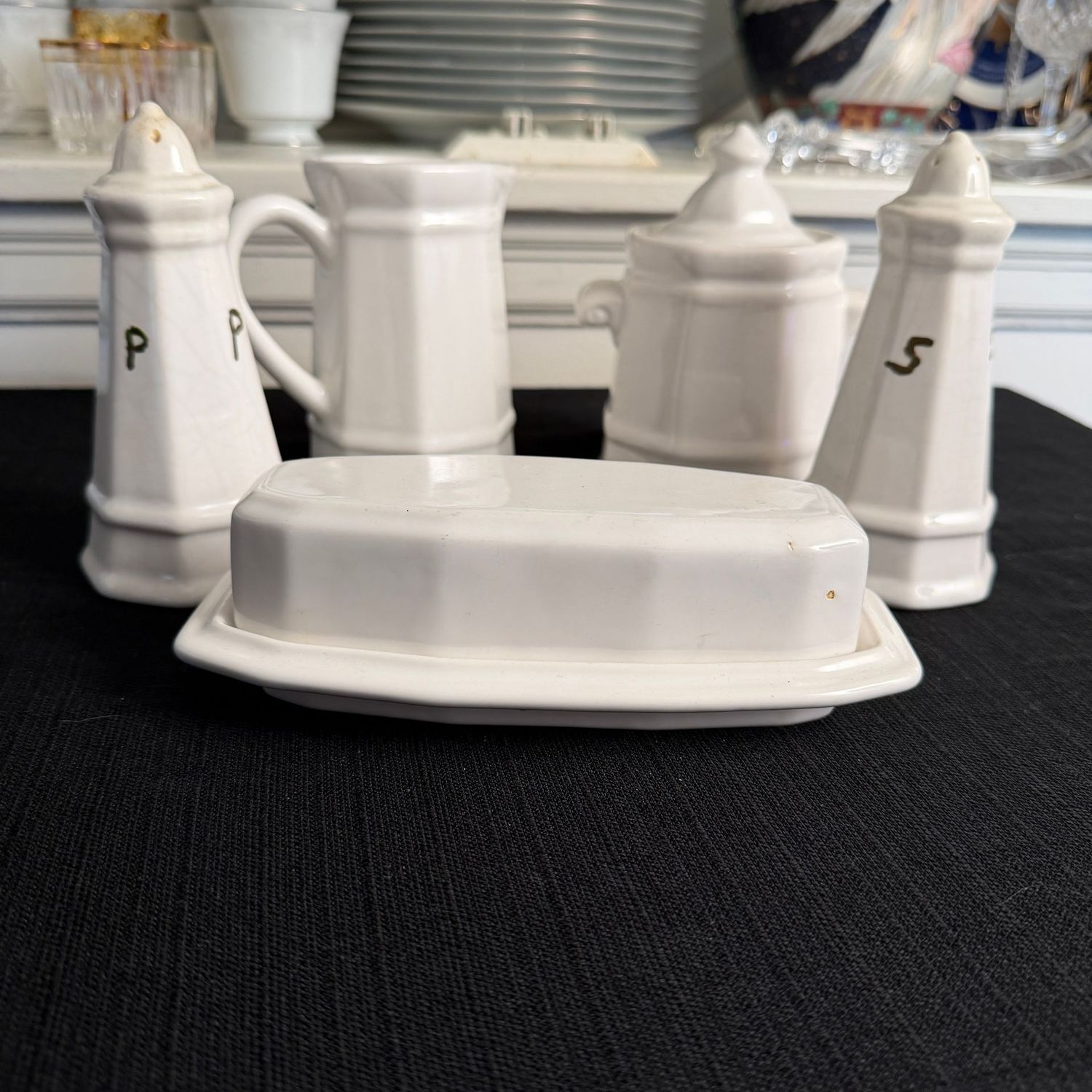 White Pfaltzgraff butter, sugar, creamer, salt & pepper