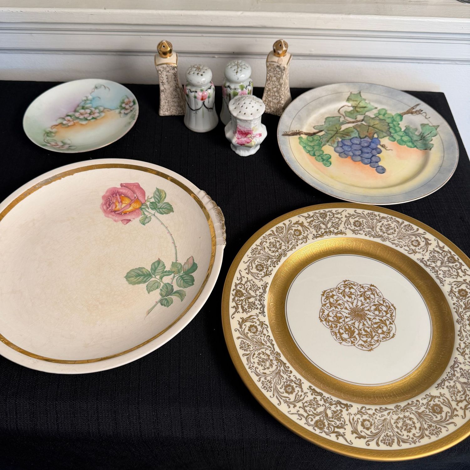 Group of vintage floral plates, salt & pepper shakers