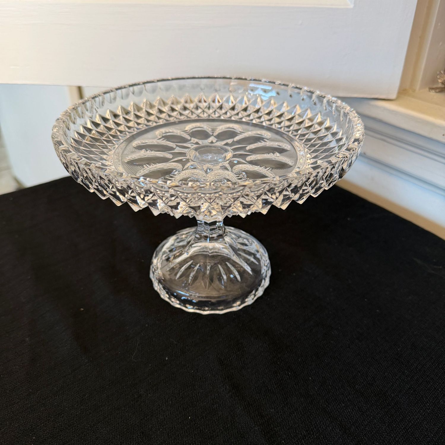 Lovely lead crystal pedestal compote dish with diamond-point border, 6"H x 8"W