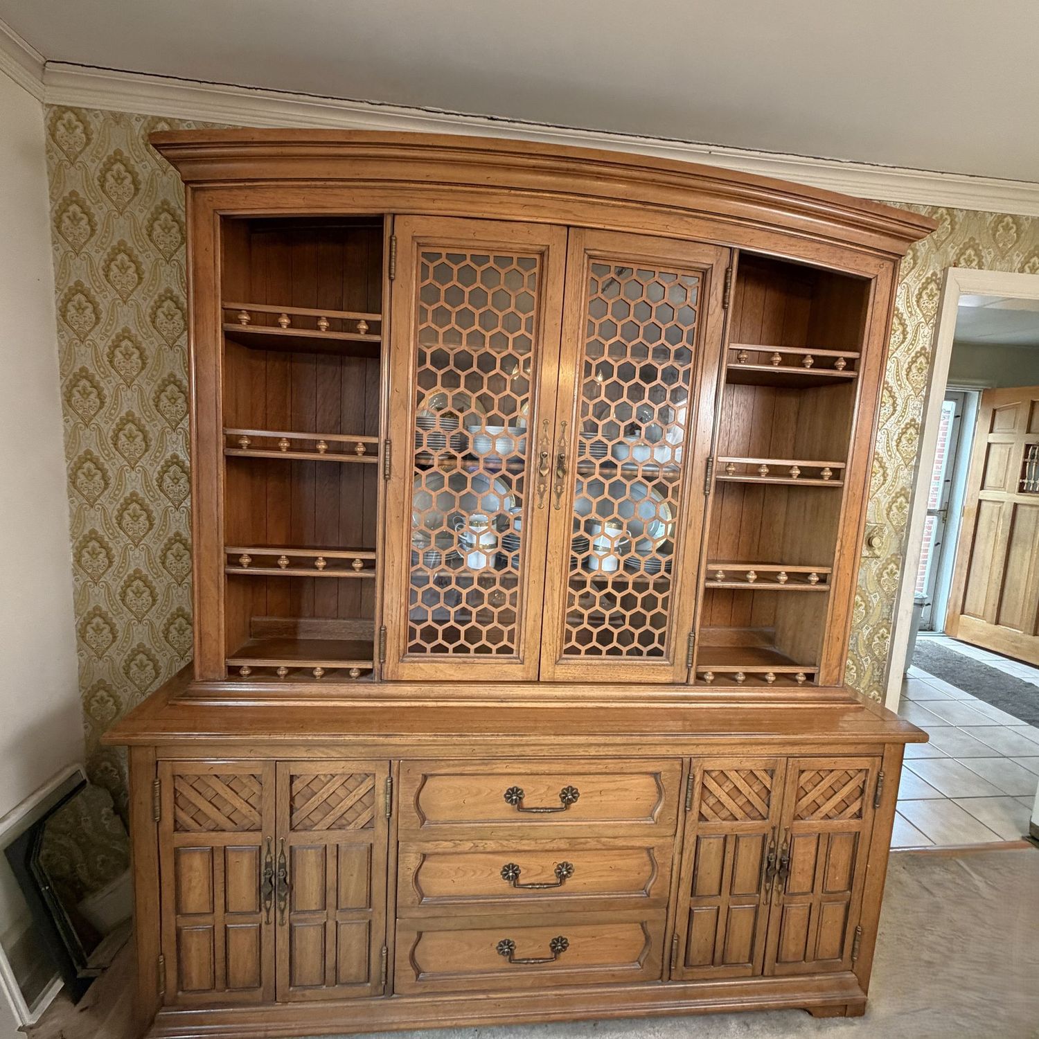 Thomasville LaGalerie tall china cabinet, 2-piece, lots of storage and drawers, overall good condition, 7ft. H x 6'3"W x 19"
