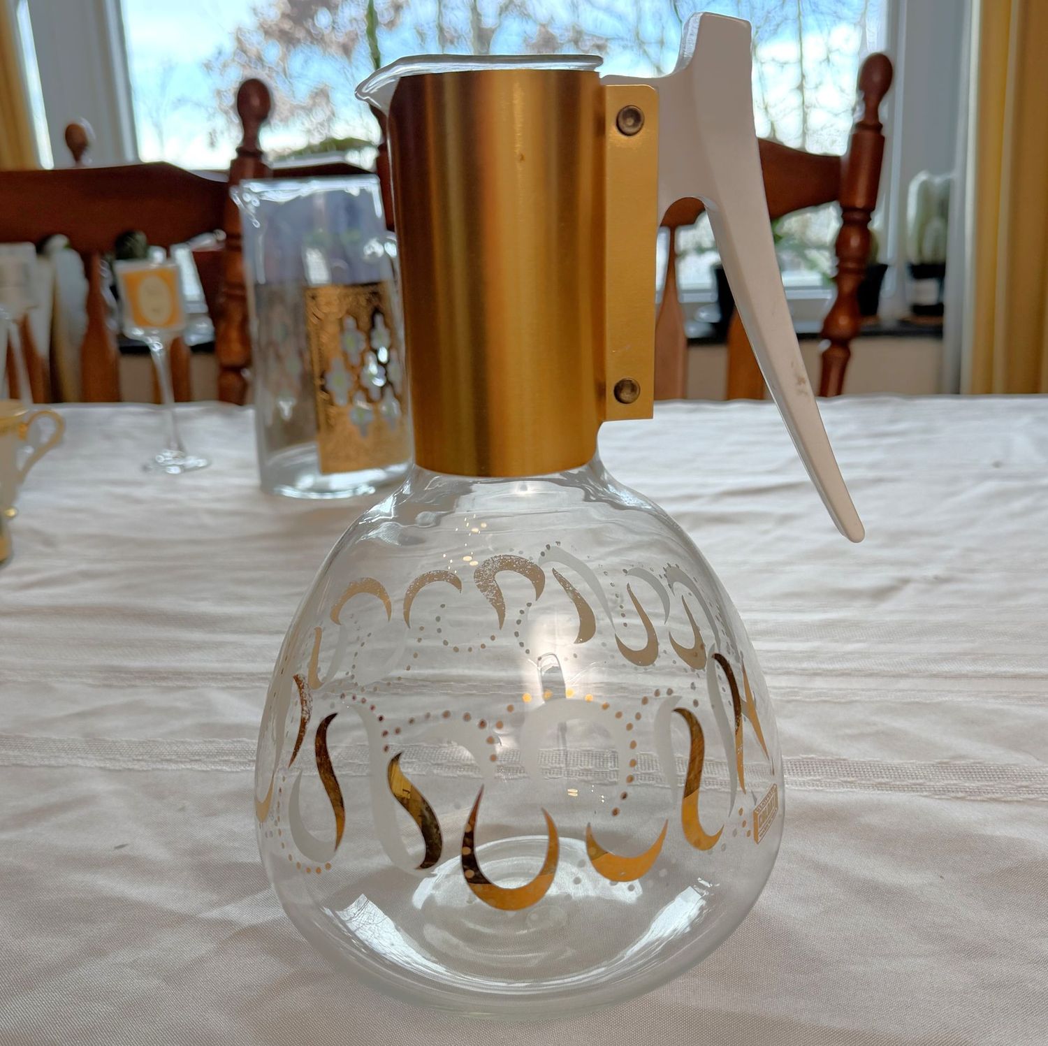 Colony MCM glass carafe with gold pattern, 10"H