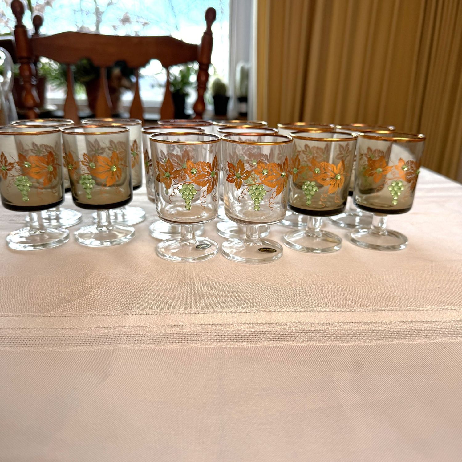 Set of Rothenburg Bockling cordial/liqueur glasses with beaded green grapes and gold flowers, some with smoke background and some clear