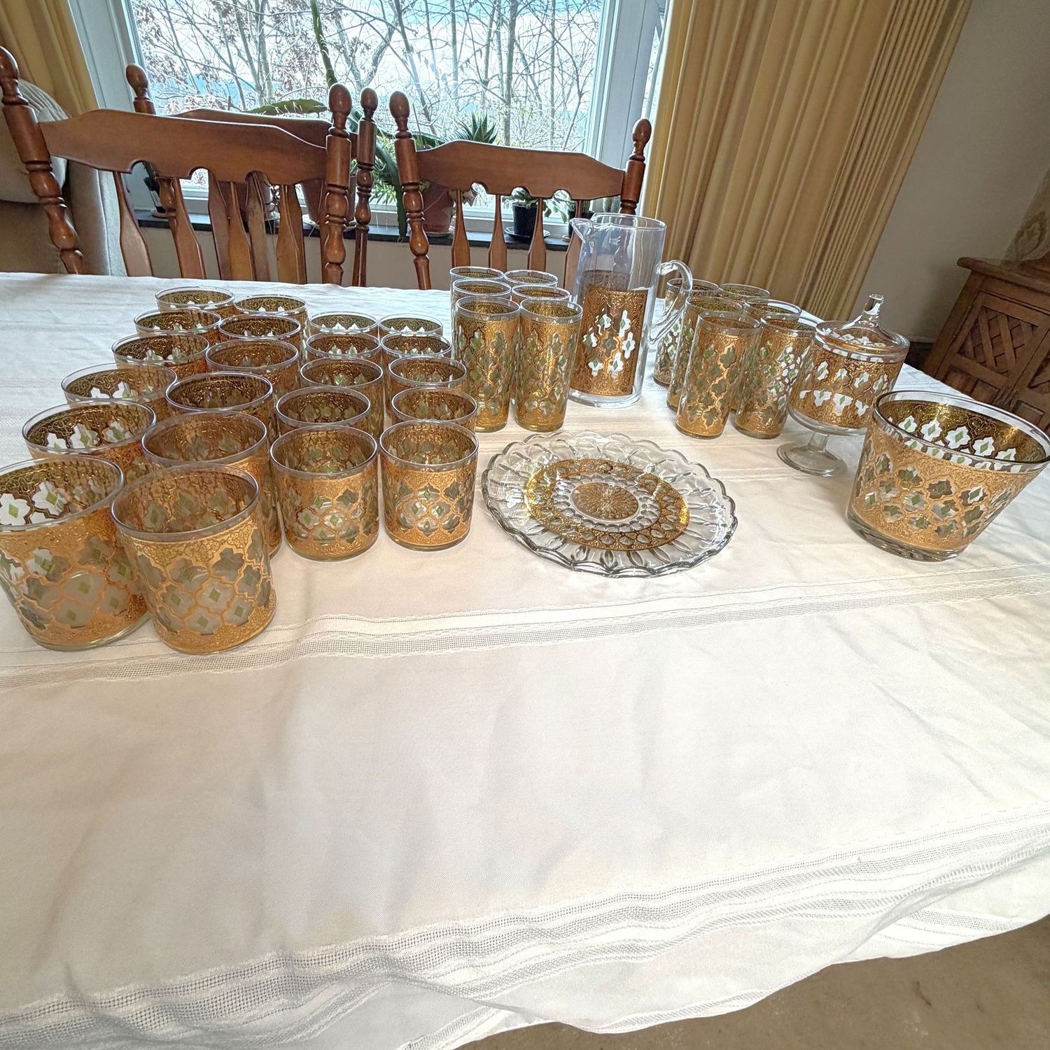 Large set of MCM Culver Valencia drinkware glasses, pitcher, serving plate, and 15" platter