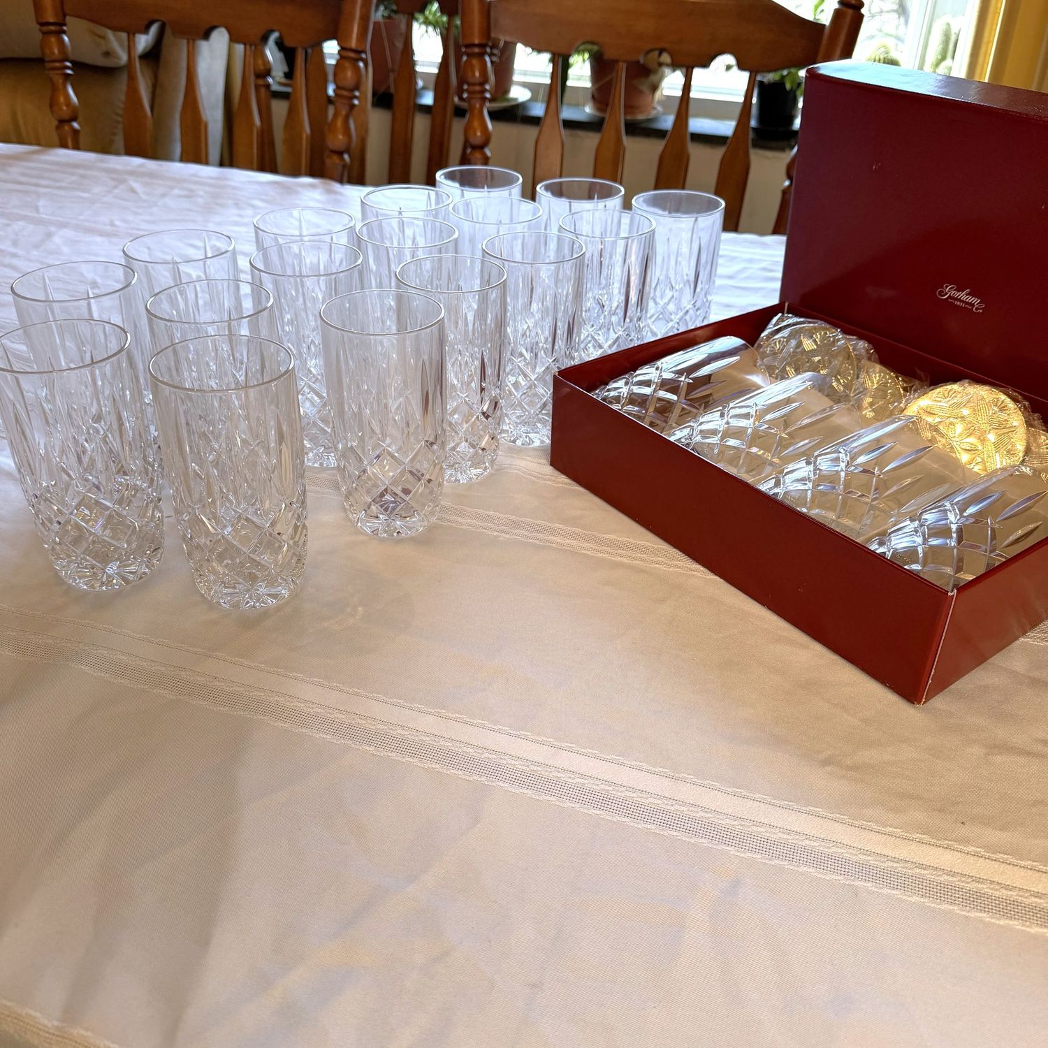 Large set of Gorham Lady Anne lead crystal highball glasses, plus one box set