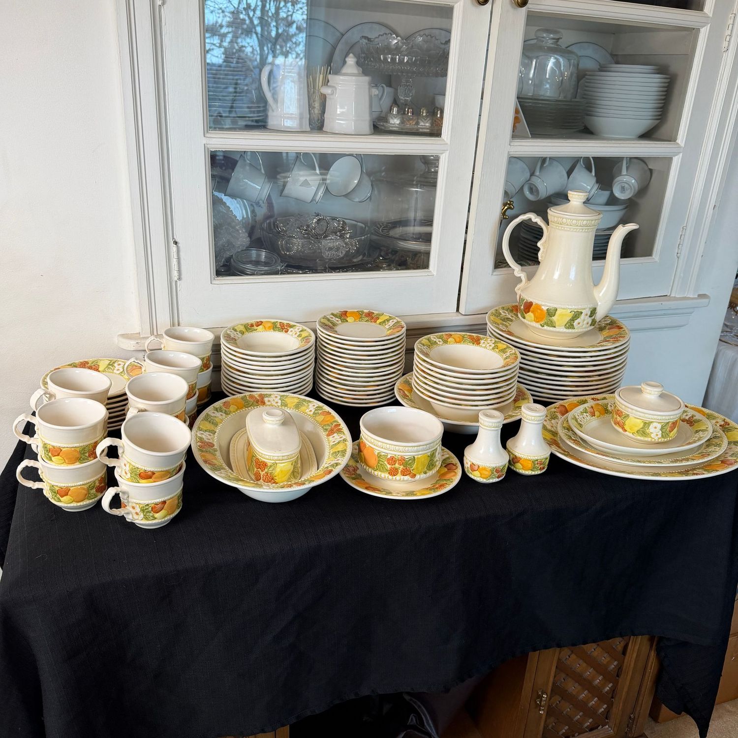 Large set of Metlox Vernon Ware everyday china with colorful fruit and flower border, service for 8 with extra pieces