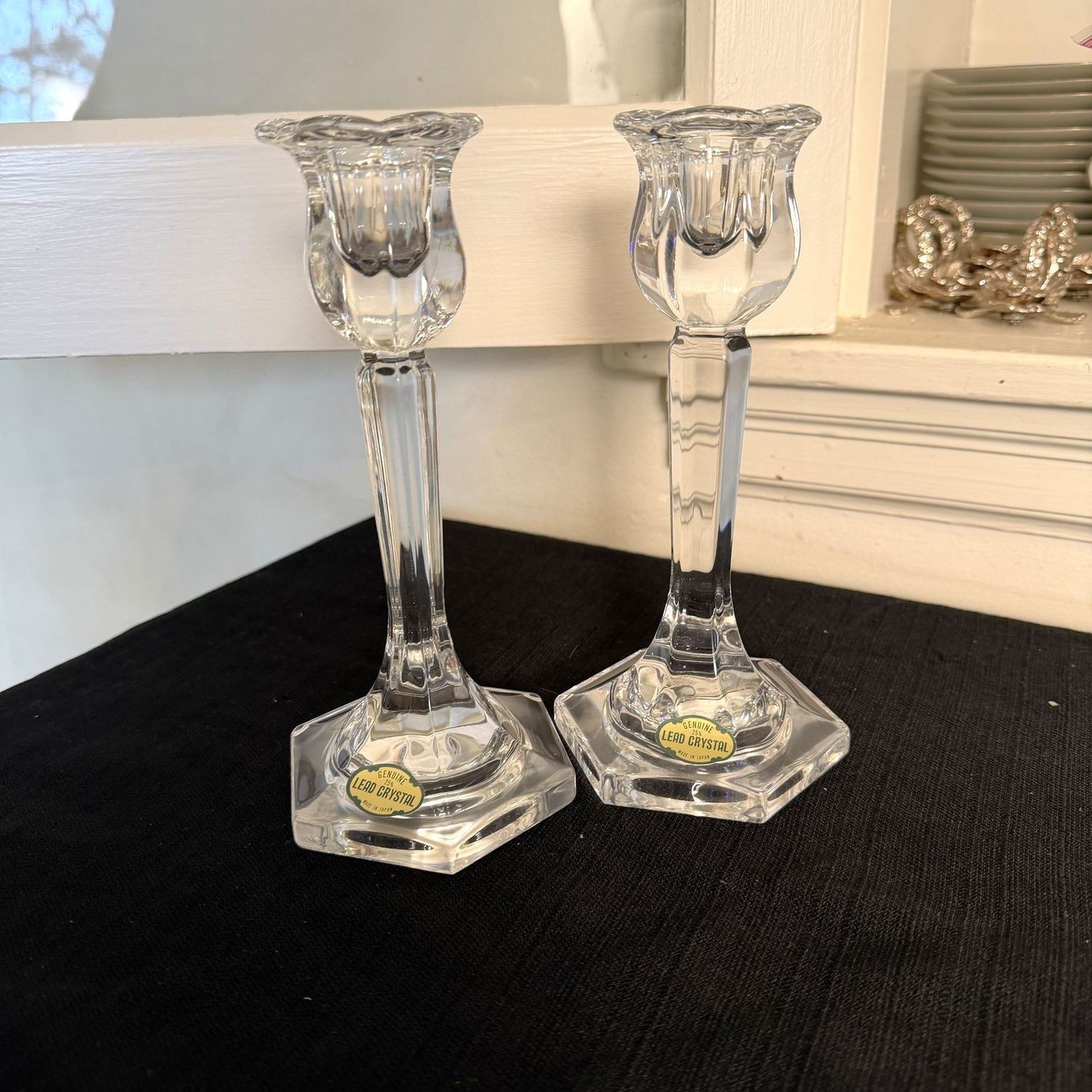 Pair of tall lead crystal candlesticks, 8"