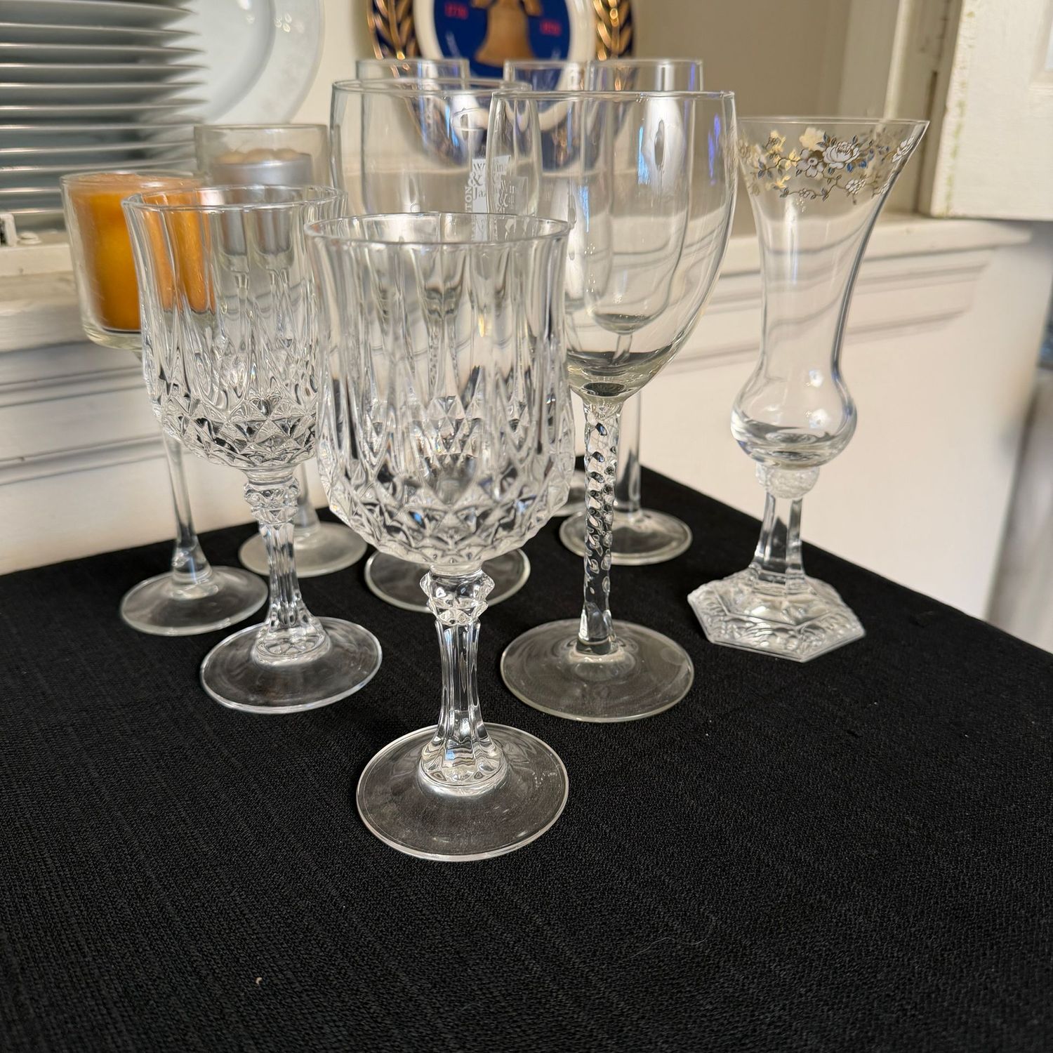 Grouping of stemware and candle holders
