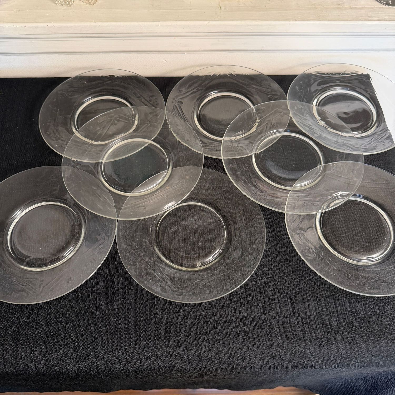 Set of vintage clear dessert plates, 1 has a minor chip, 8"