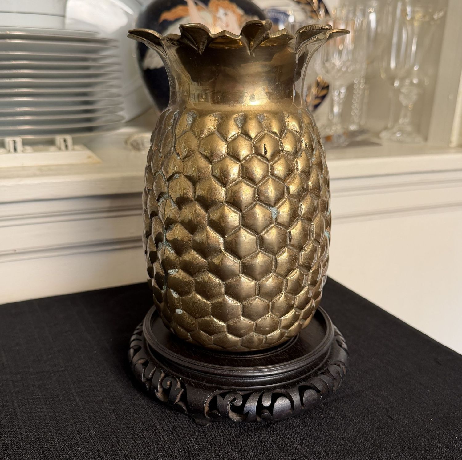 Large brass pineapple vase on stand, 7"