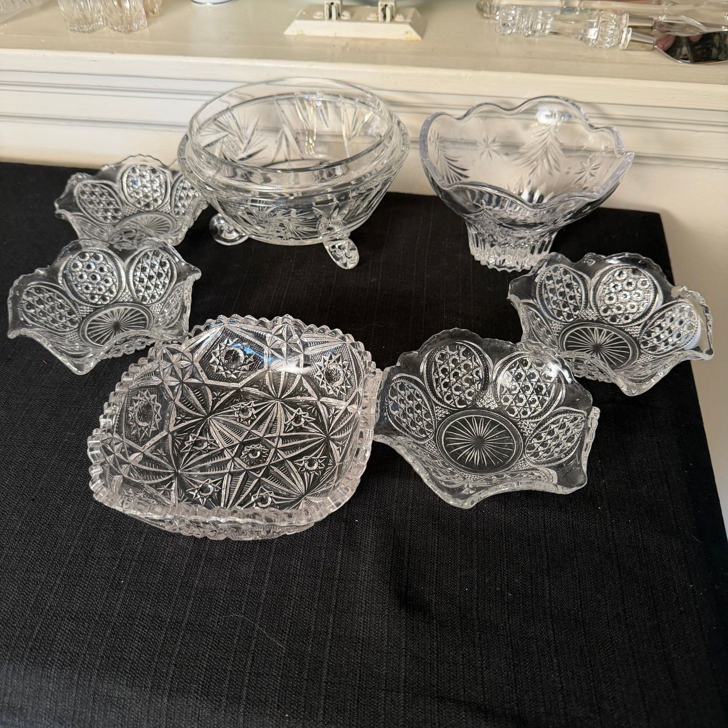 Group of pressed glass and crystal, fruit bowls, candy, centerpiece dishes, the widest is 7"