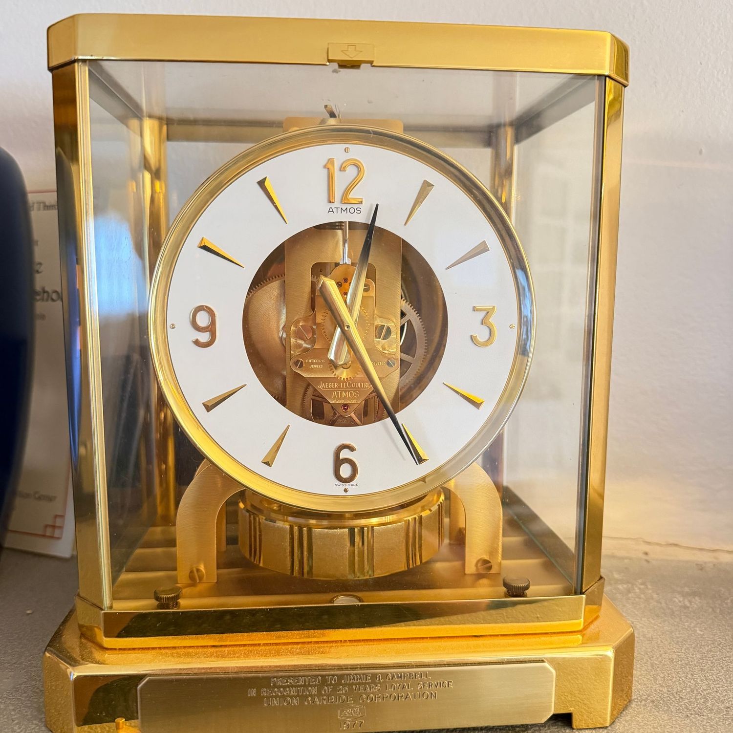 Brass Jaeger-LeCoultre Atmos Clock, 15 Jewels, 9"H, appears to be in good working order and in nice condition