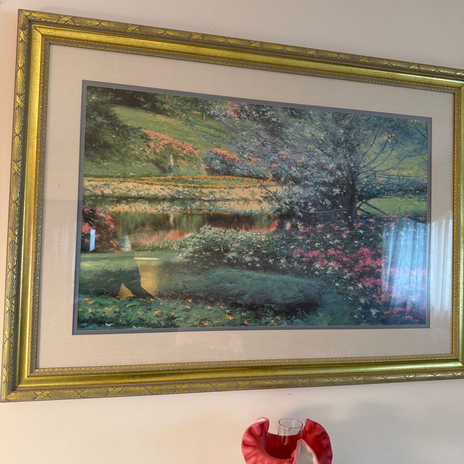 Very large Thompson garden landscape print, matted and gold frame, 30" x 42"