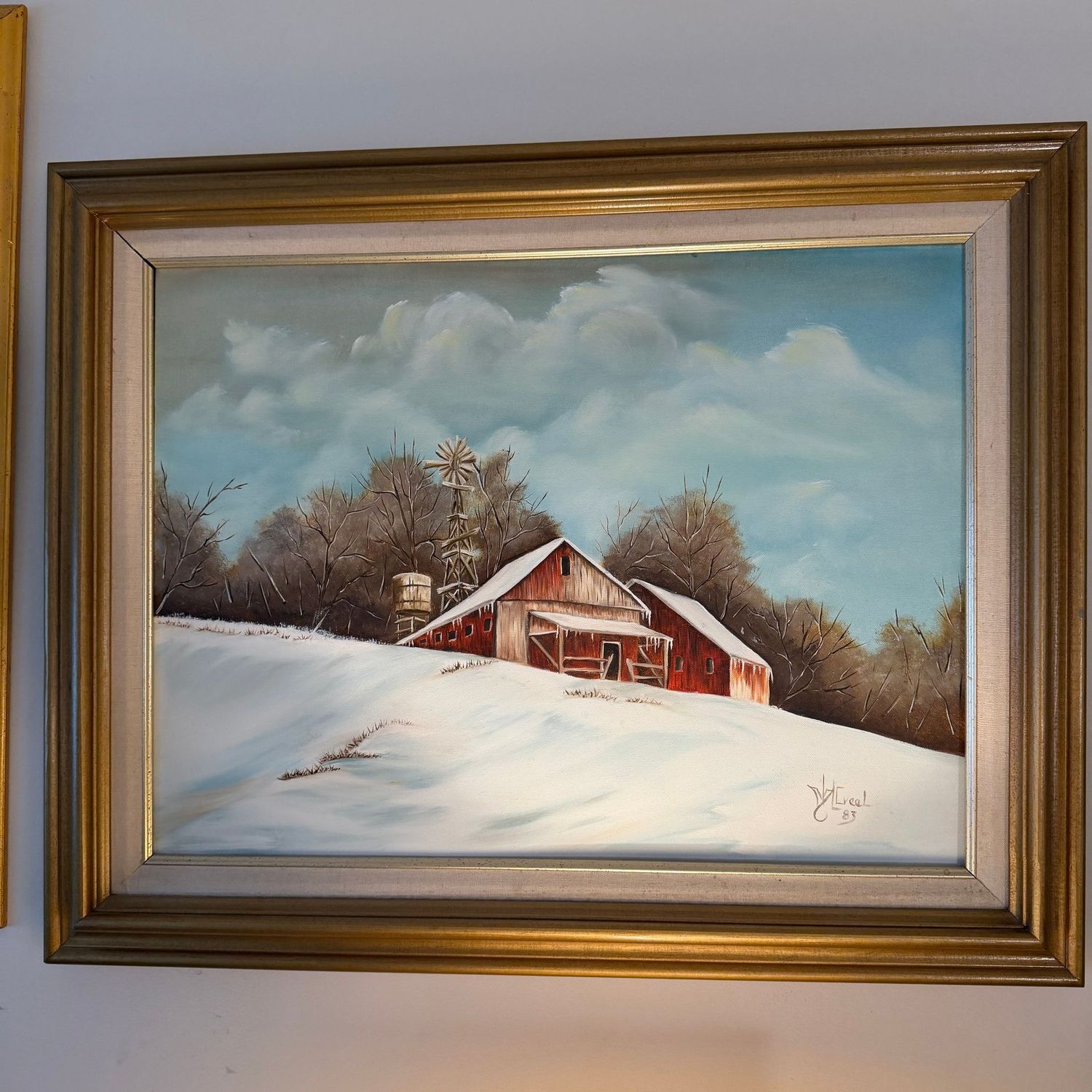 Farm landscape painting on canvas, nicely framed, 25" x 29"