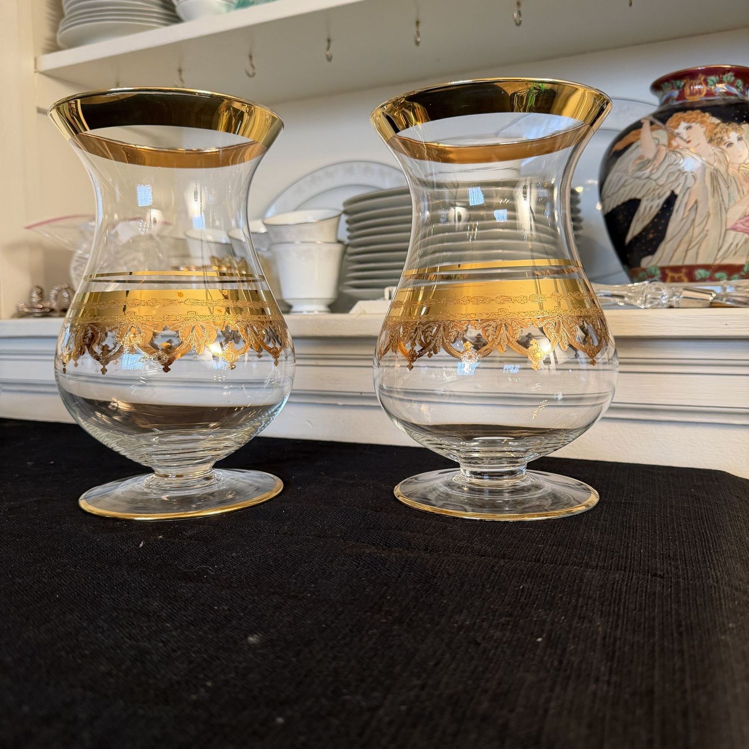 Pair of large fine Italian glass vases, candle holders with gold decorated sides and rim, 9.5"H