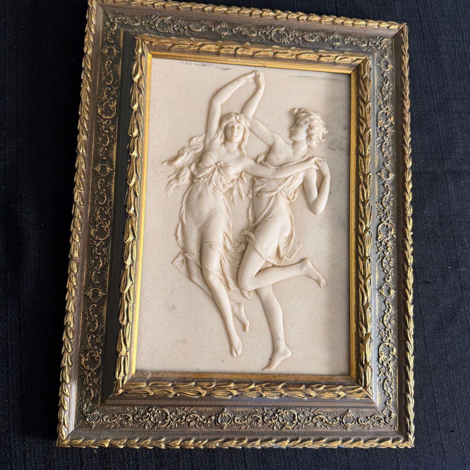 Neoclassical-style relief plaque, dancing figures, likely a cast in marble or alabaster, 13" x 9.5"