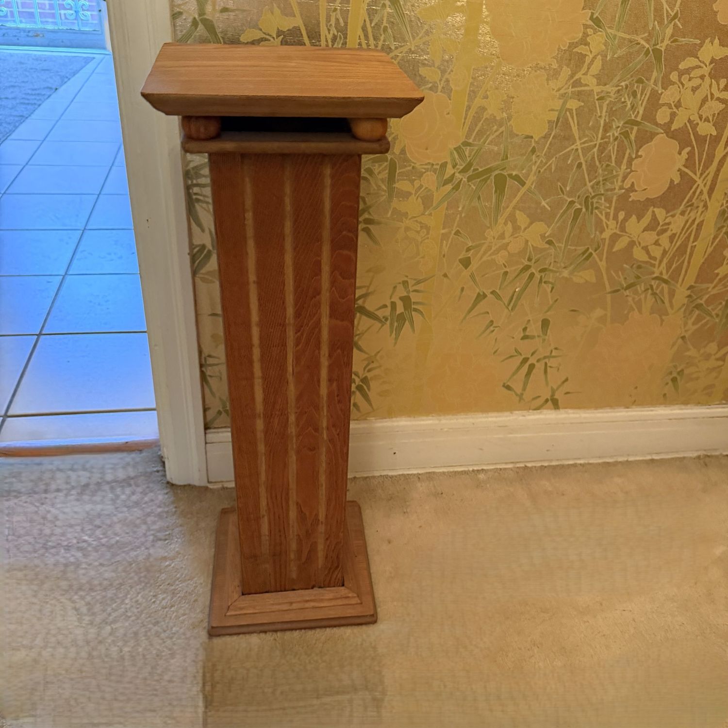 Wooden pillar pedestal stand, minor scratches and wear, 30"H x 10"W