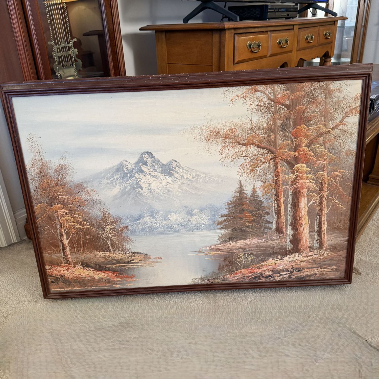 Large fall mountain landscape painting on canvas, overall good condition, may need minor cleaning. 24" x 35"