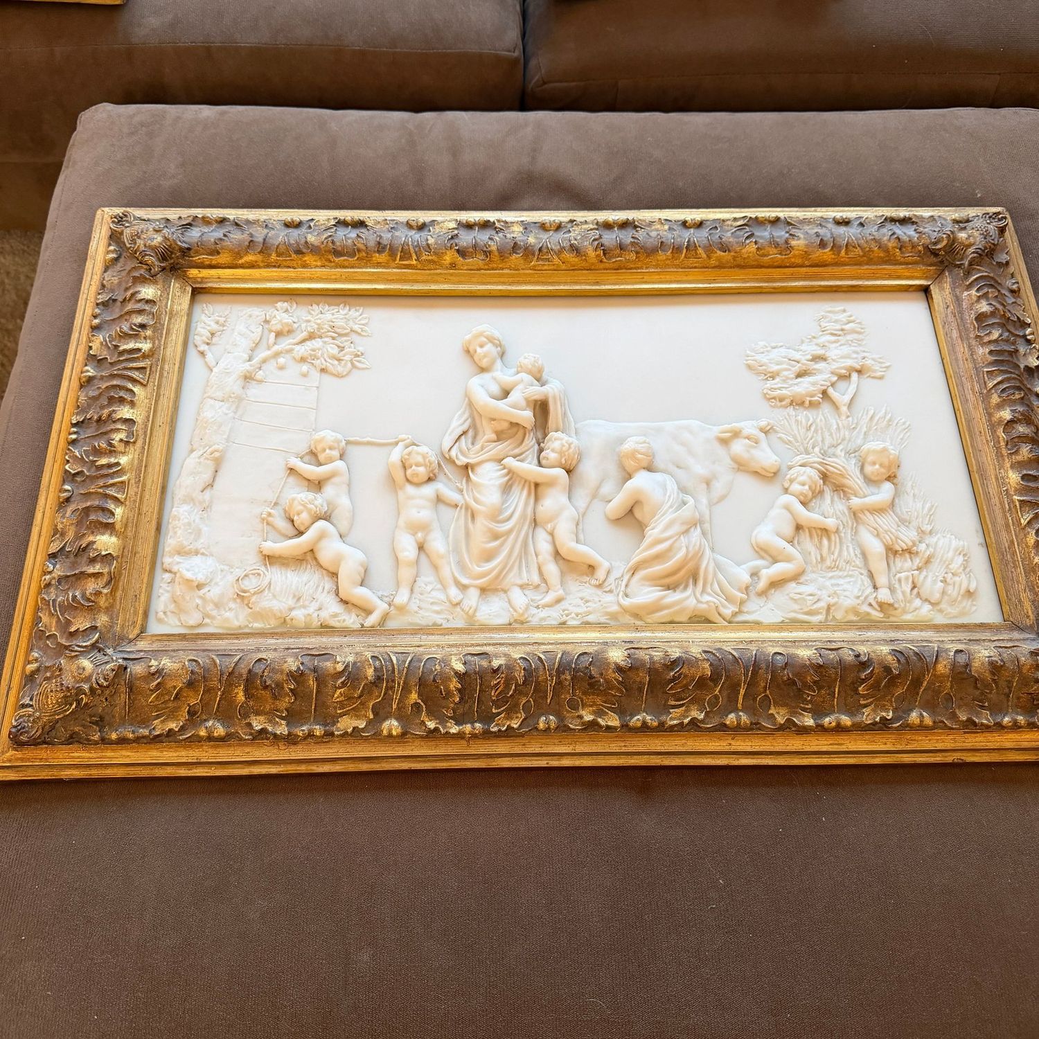 Large Neoclassical-style relief plaque, likely a cast in marble or alabaster, ornate gold frame, 18" x 30"
