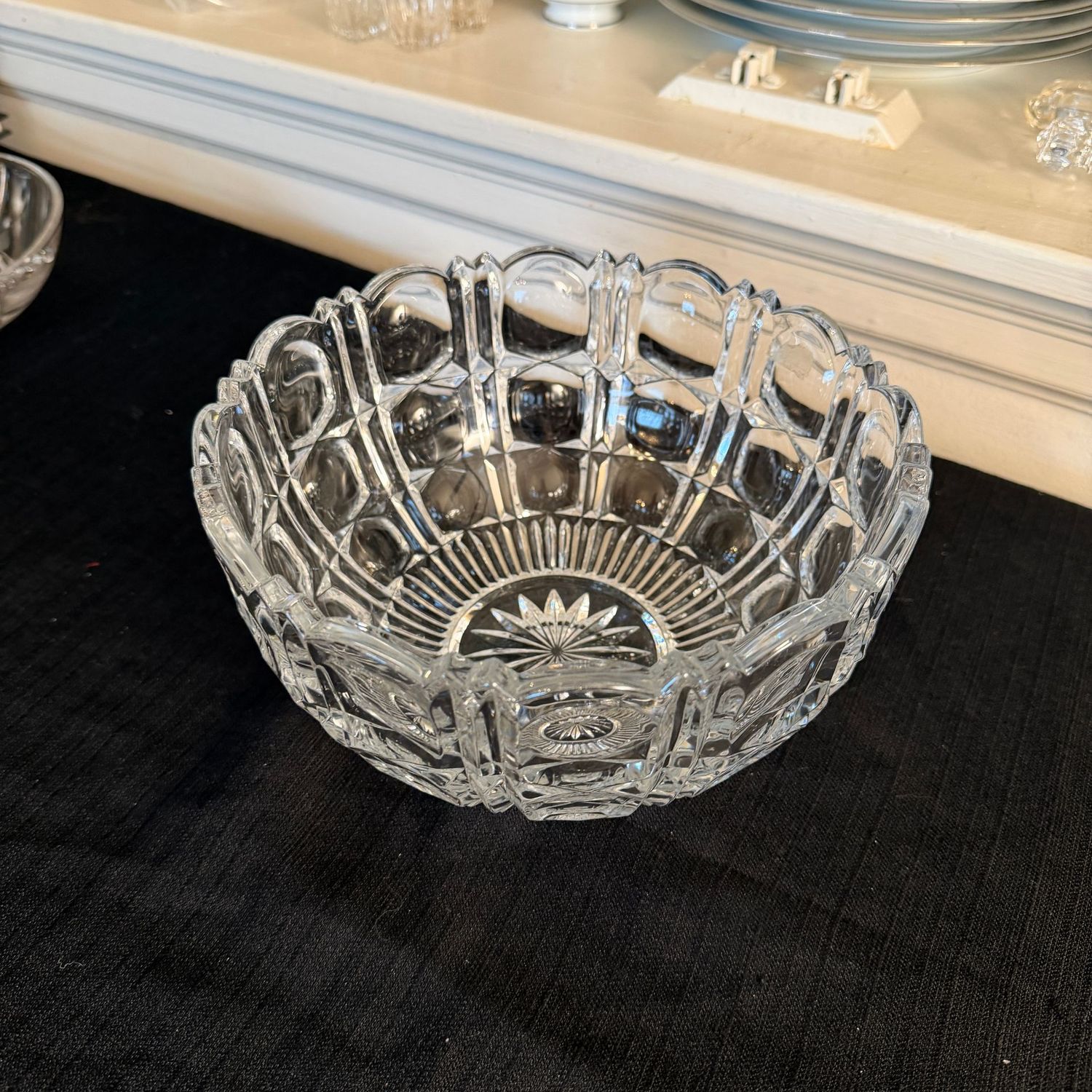 Large lead crystal bowl with flower center, geometric paneled sides with scalloped rim, likely Mikasa, 4"H x 10"W