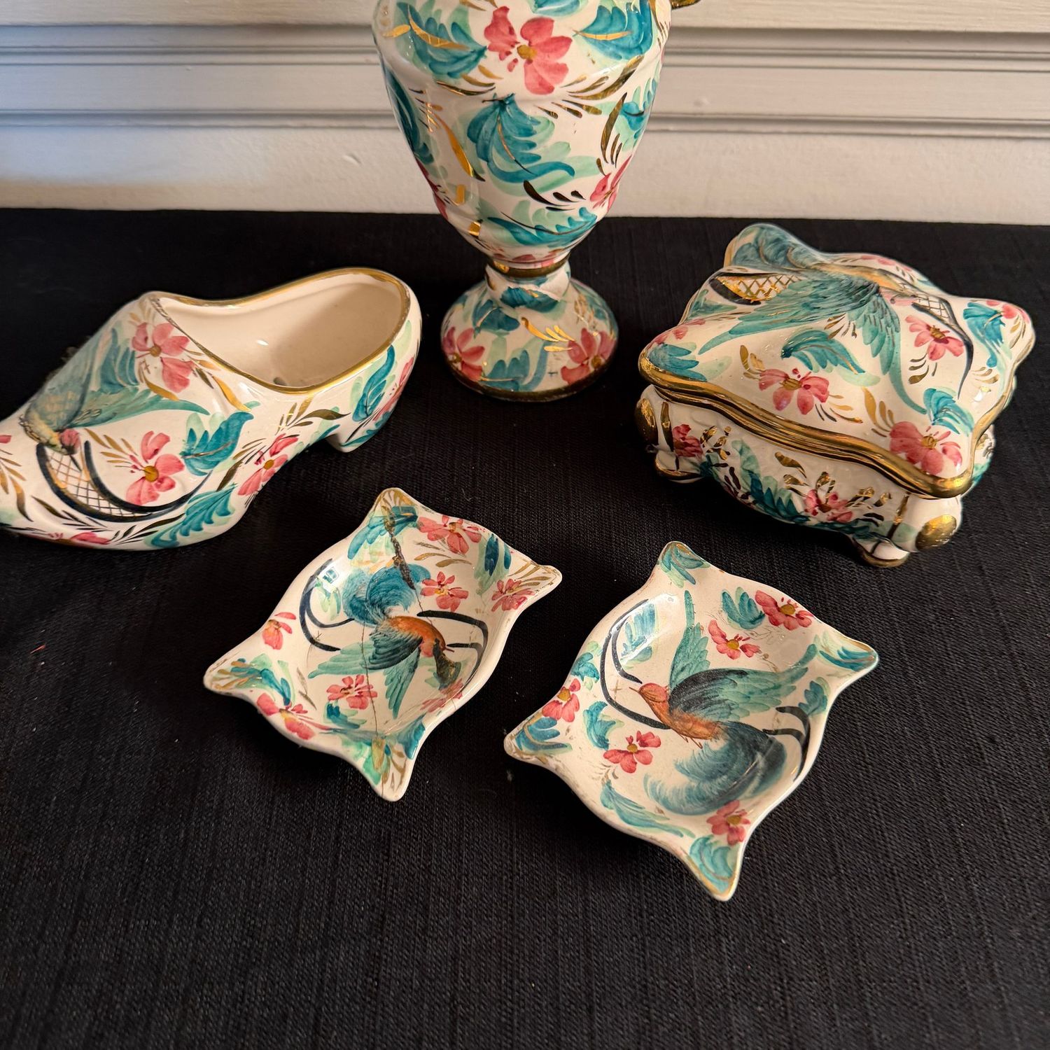 Group of Bequet Qaregnon floral ceramics, one dish and the ewer has been glued