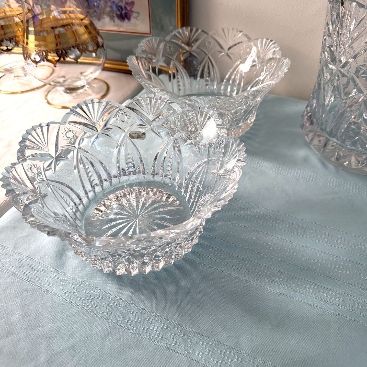 Pair of Durand French lead crystal Vincennes bowls with star and fan large bowl with scalloped rim, 4"H x 10"W