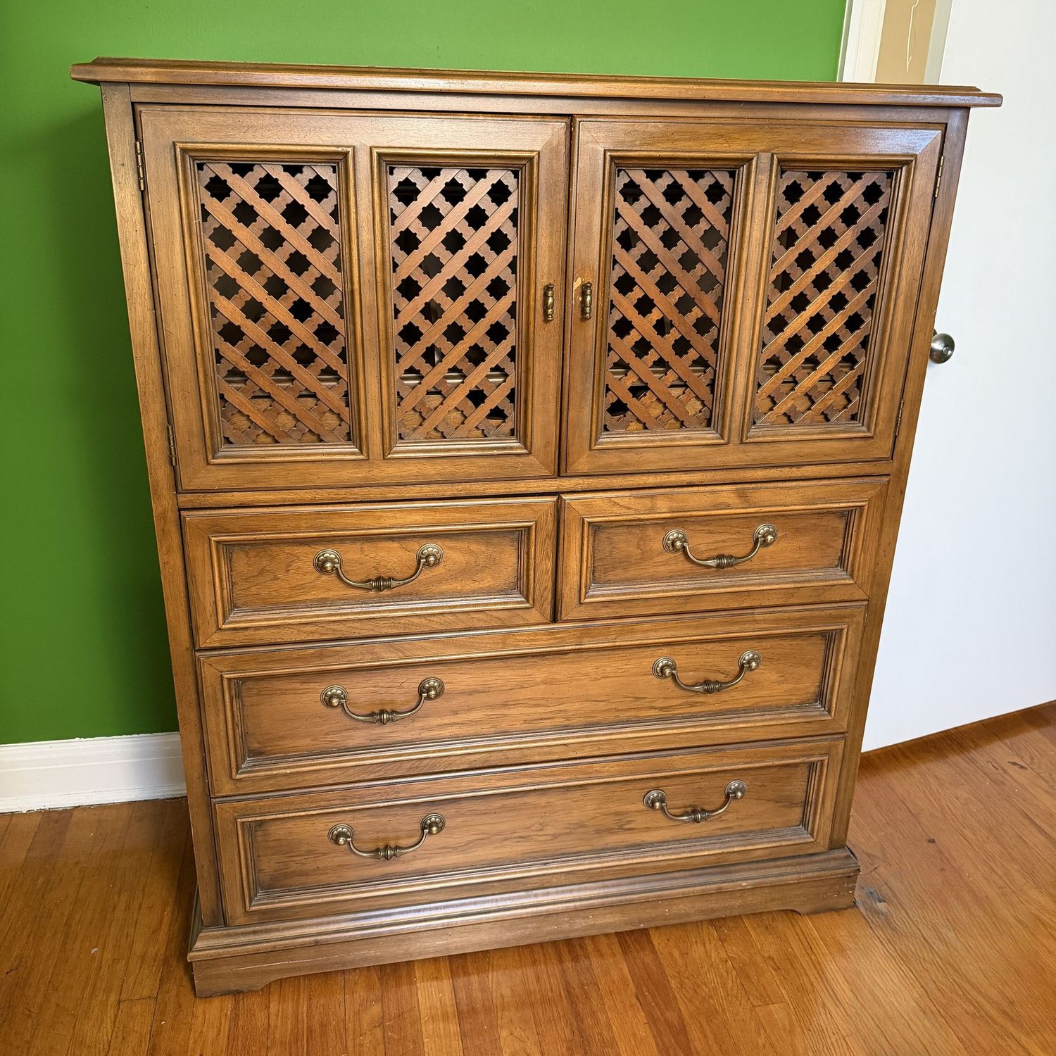 Vintage Drexel Esperanto chest, minor scratches & a few spots, drawers open easily, on casters, 52"H x 46"W x 20"D