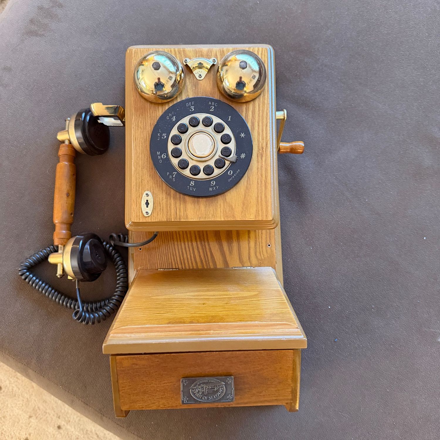 Wooden vintage wall phone replica, appears in good condition, not tested, 16" x 7.5"