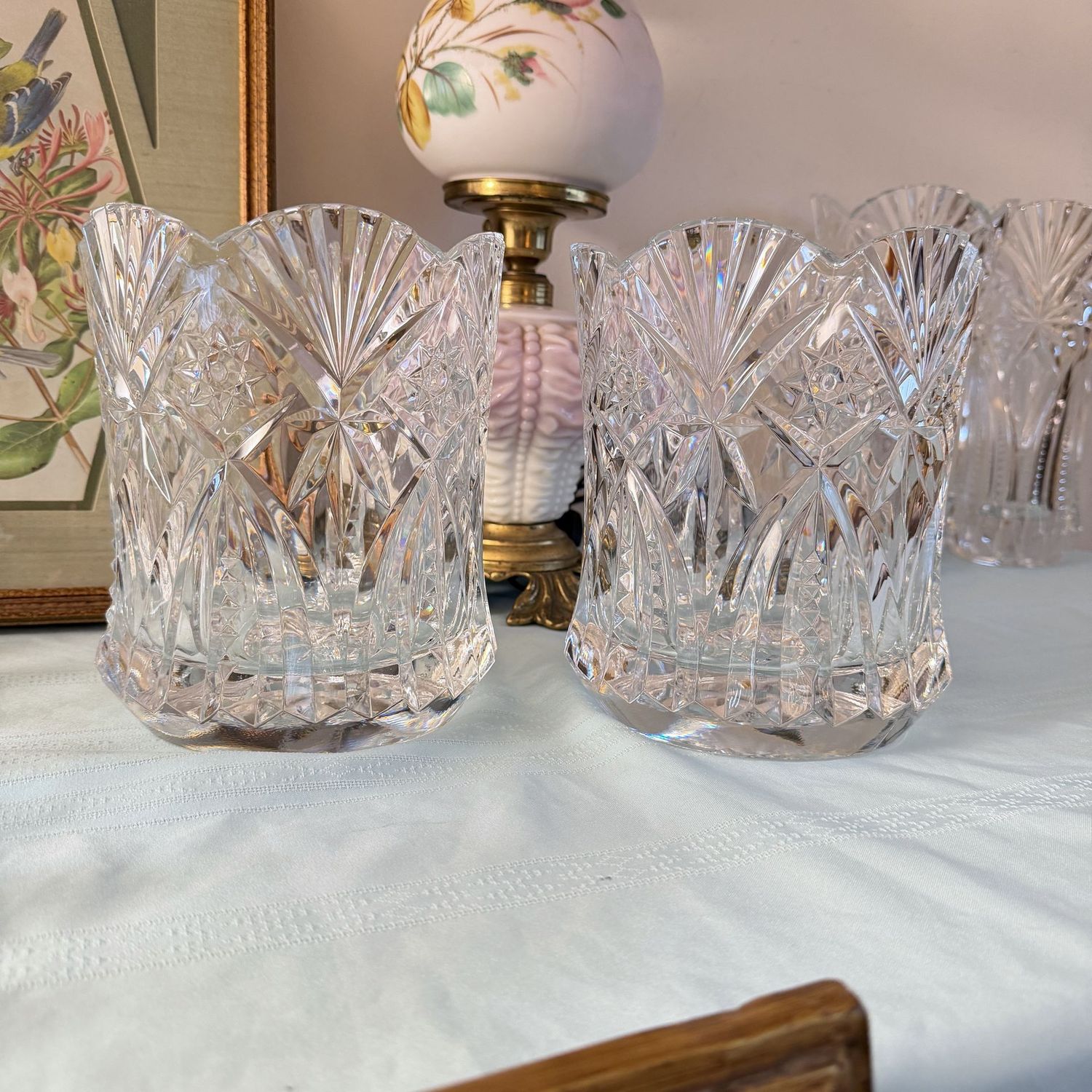 Pair of large Durand lead crystal Vincennes ice buckets, wide vases, 9"H x 7"W