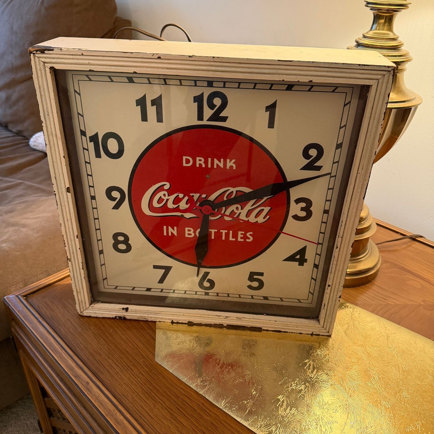 Vintage Coca-Cola square clock with wood frame, plugs in but is not working on initial test, 16" x 16"