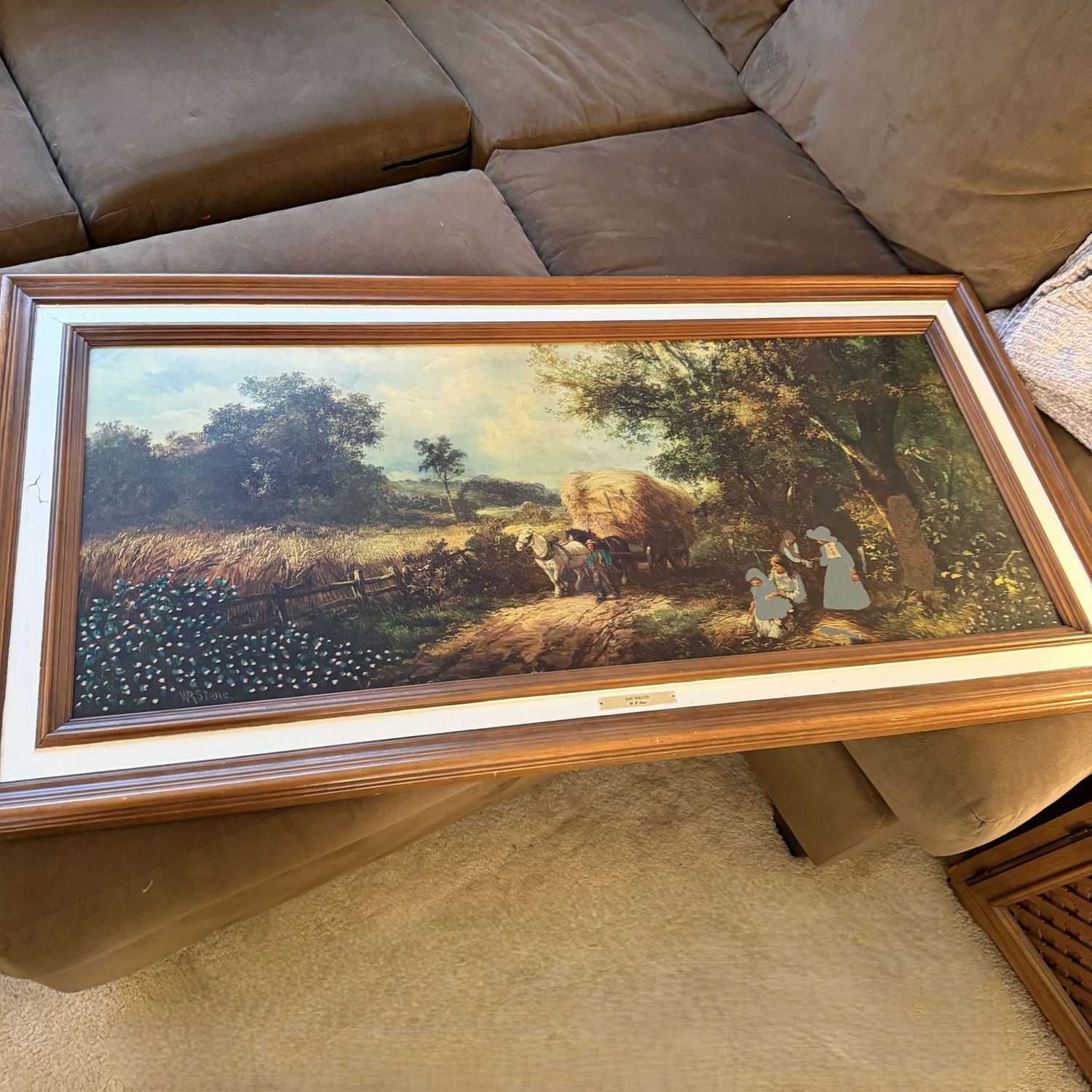 Large rectangular vintage Hay Ride lithograph, has been modified with paint, 29" x 54"