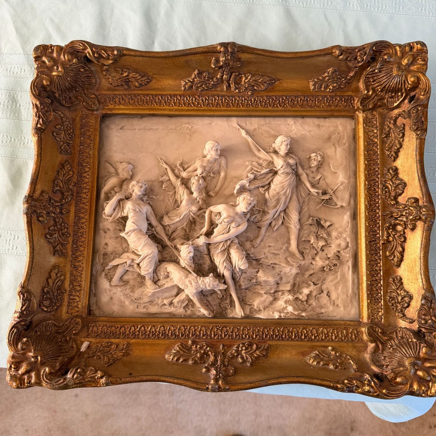 Neoclassical-style relief plaque, likely a cast in marble or alabaster, hunt scene with dogs, one dog has a broken snout, 12" x 14"