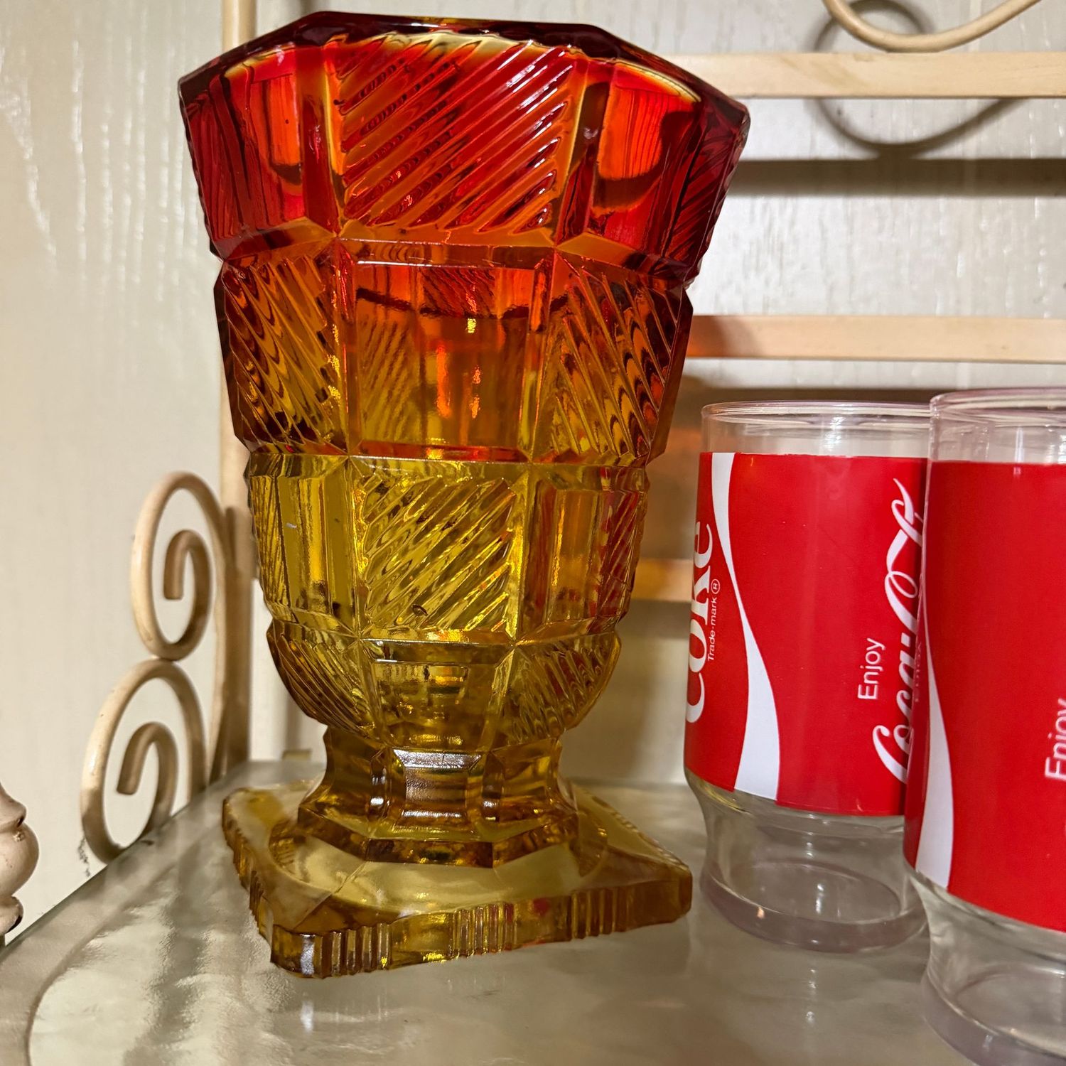 Amberina heavy pressed glass vase, 8"