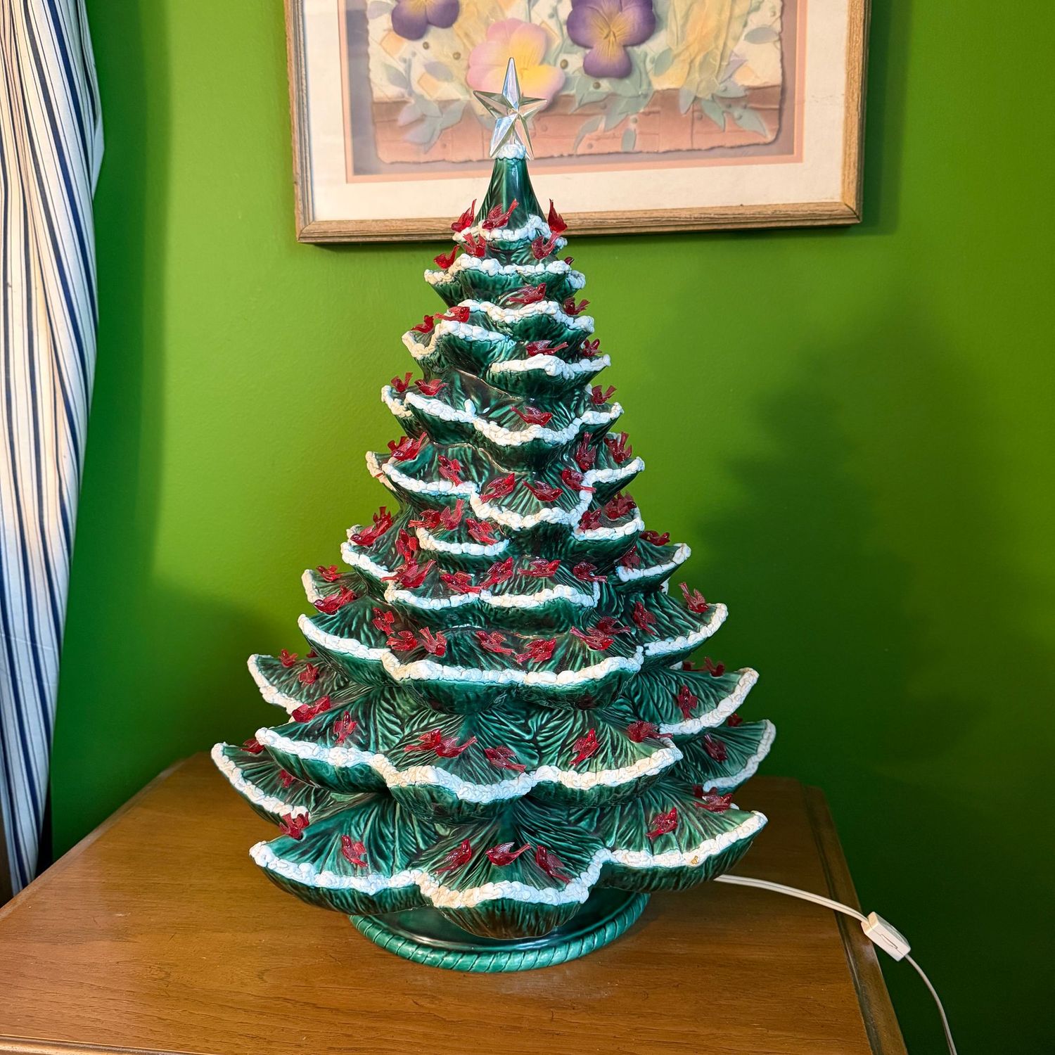 Very large vintage ceramic Christmas tree with birds and snow-capped branches, may need a new light bulb (does not light up), needs cleaning, nice condition, 24"H x 16"W