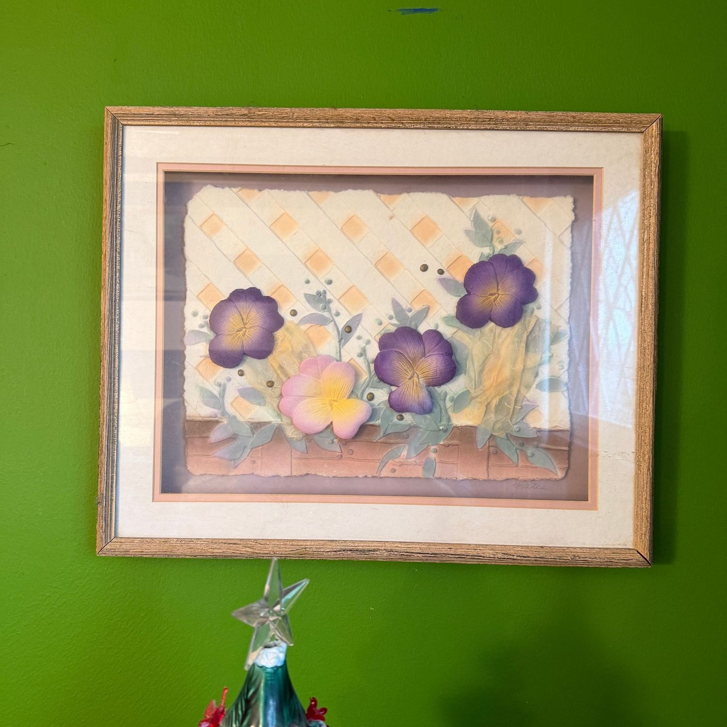Pansy print in a shadow box frame, 18" x 21"