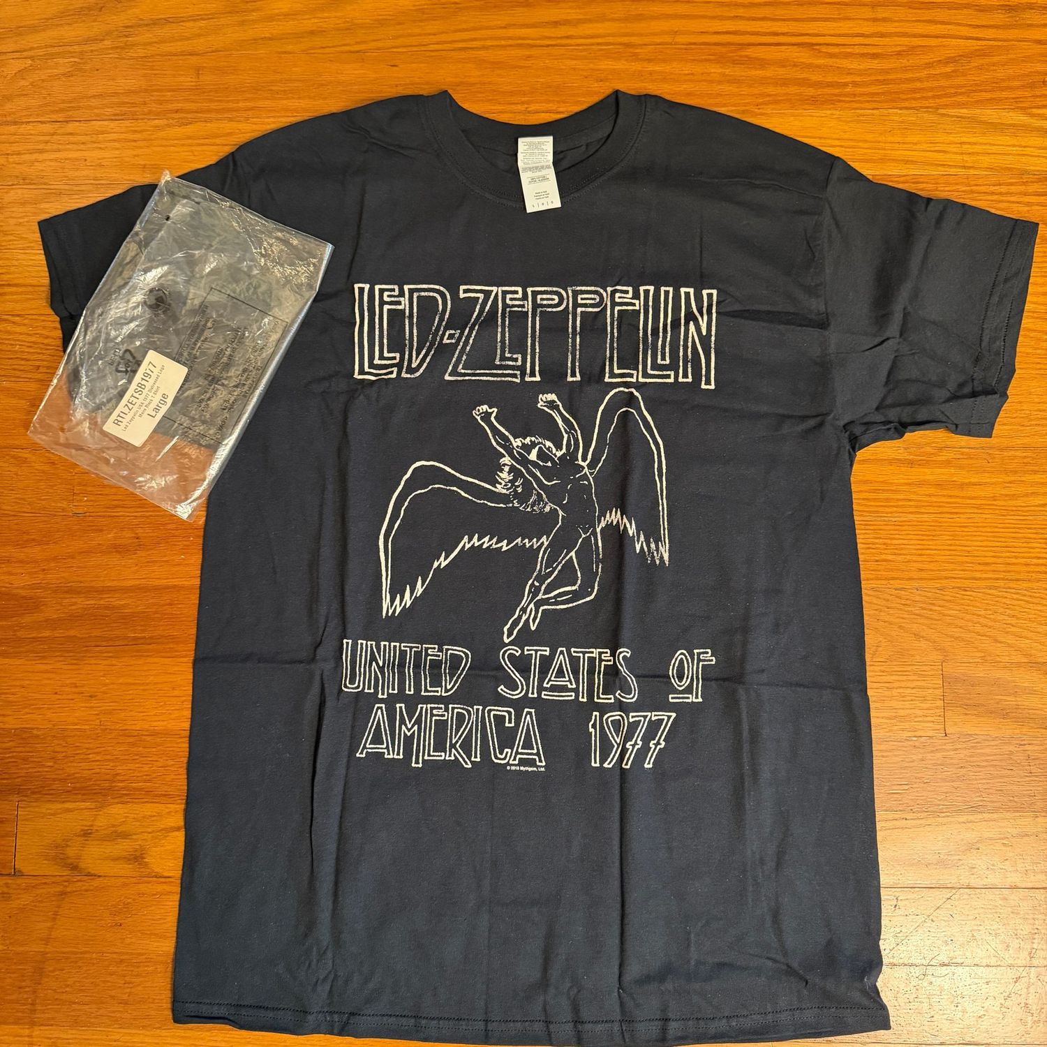 Black Led Zeppelin t-shirt with white print, new in package, size L