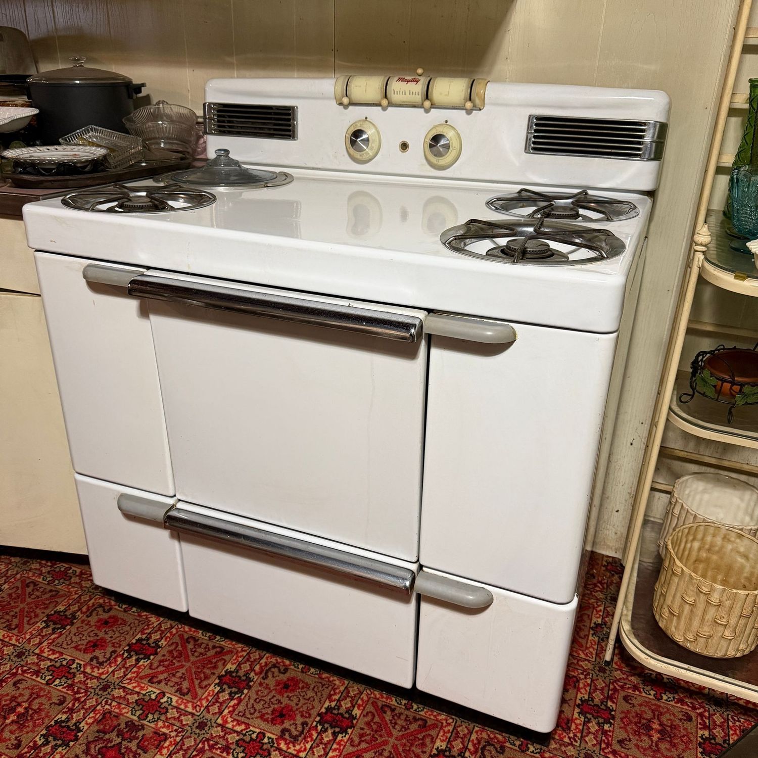 Vintage Maytag Dutch Oven enameled Gas stove, body in good condition, needs some cleaning, might need repairs, not tested, 44"H x 23"D x 40"W, (Very Heavy, in Lower Level)