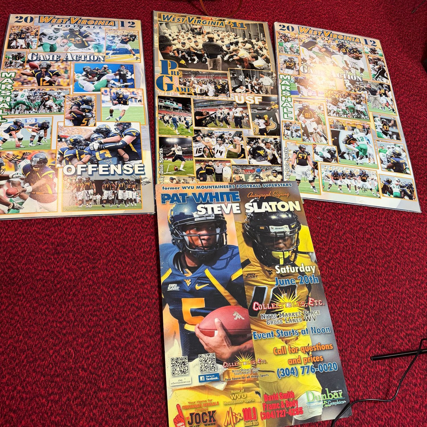 Four large WVU collage prints on foam board (used) some are signed, the largest is 42" x 22"