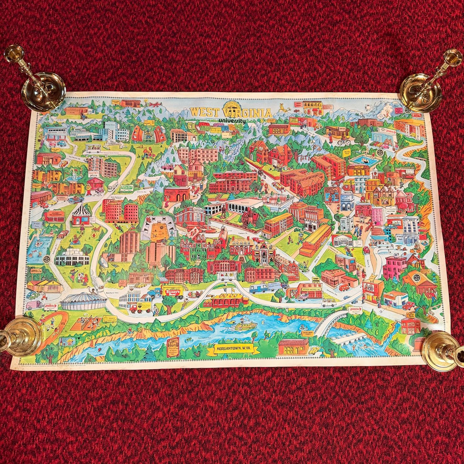 Poster #1: WVU Map, vintage Morgantown West Virginia WVU poster, some wear, 36" x 24"