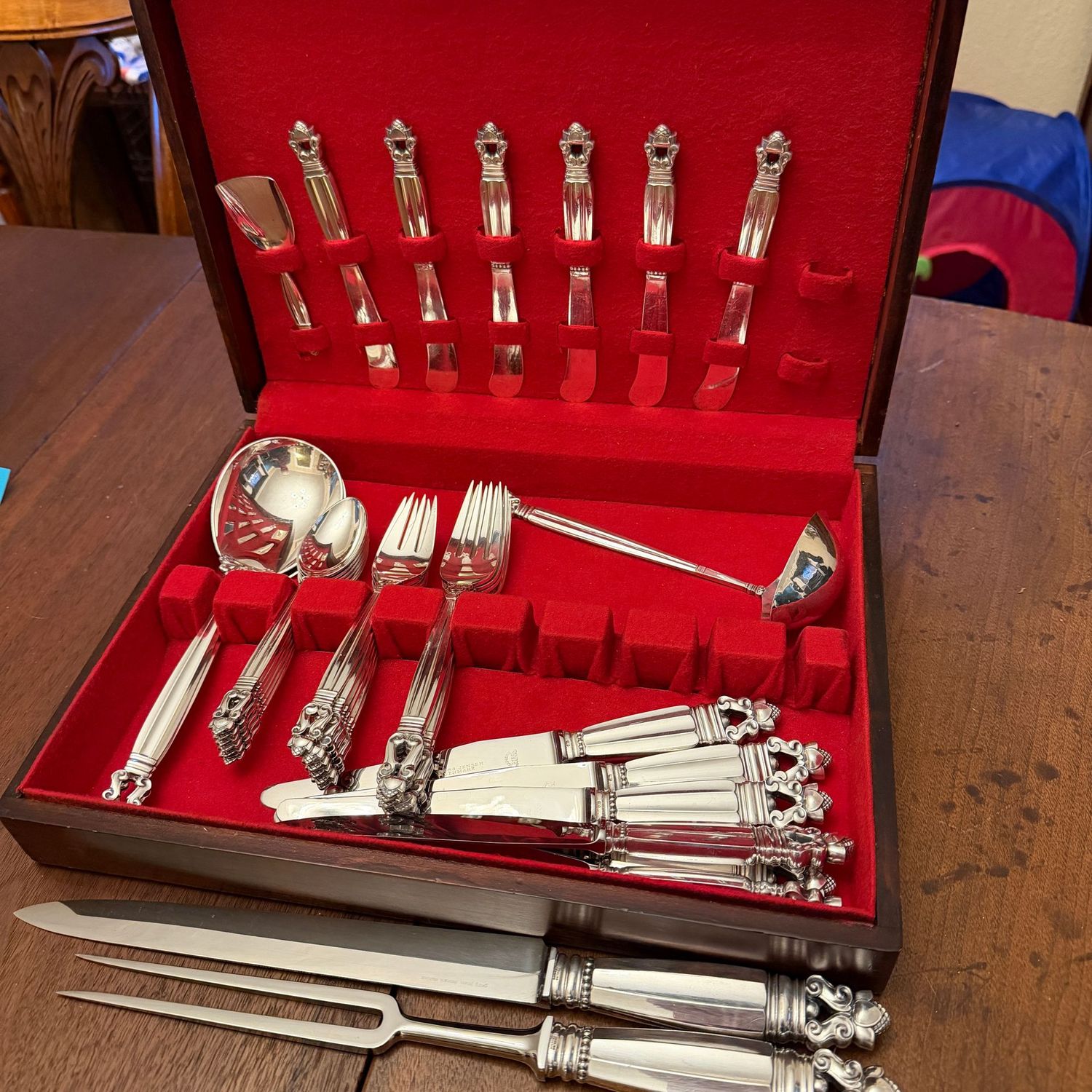 George Jenson sterling flatware set, acorn pattern, service for 6 & extra serving pieces